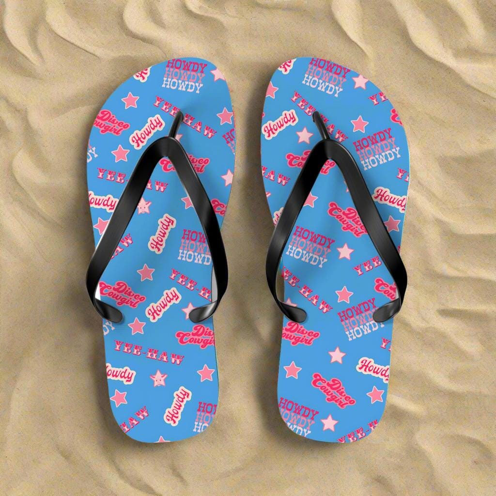 Disco Cowgirl Flip-Flops Hot Pink & Periwinkle Western Sandals Bachelorette Party Favor Yeehaw Shoes -Razels