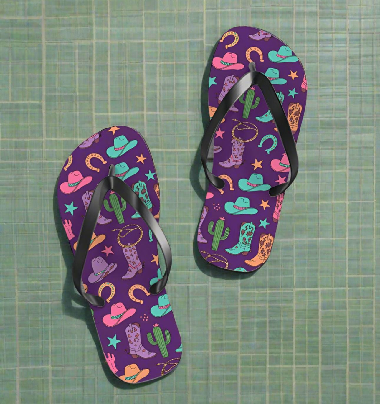 Cowgirl Flip Flops, Purple Sandals, Western Motif, Western Flip Flops, Western Slip On Sandals -Razels
