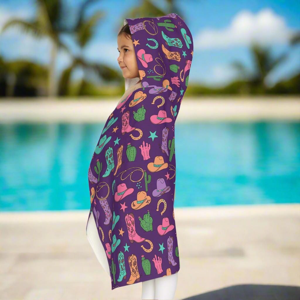 Personalized Cowgirl Hooded Towel: Western Cactus, Boots, Horseshoes