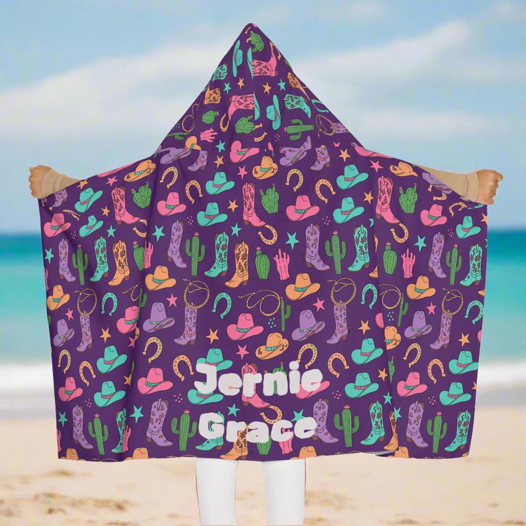 Cowgirl Hooded Towel for Kids, Personalized Western Towel with Cactus, Boots & Horseshoes, Purple Pink Turquoise Bath or Beach Wrap -Razels