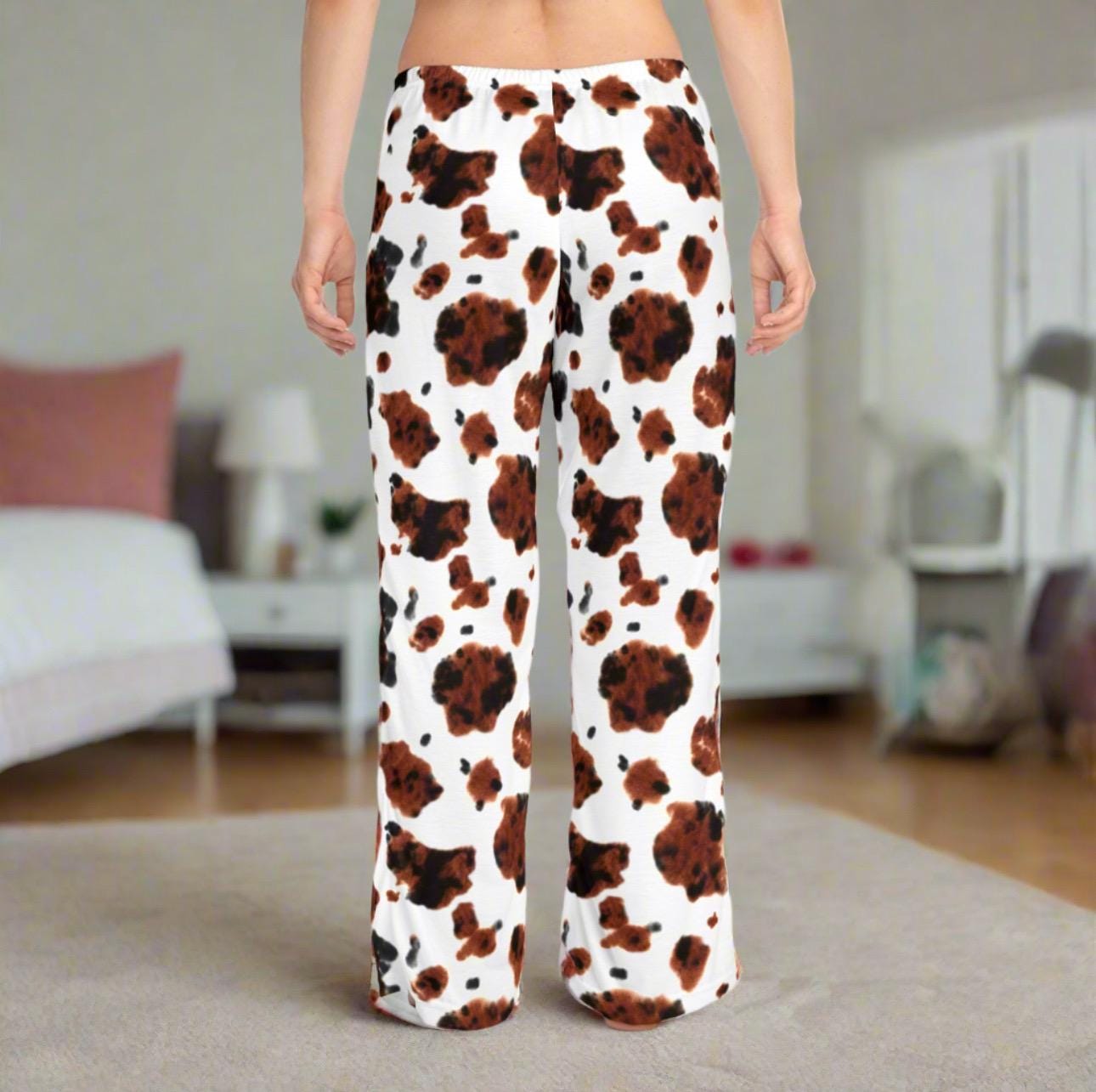 Brown Cow Print Pajama Pants: Western Cowgirl Loungewear -Razels