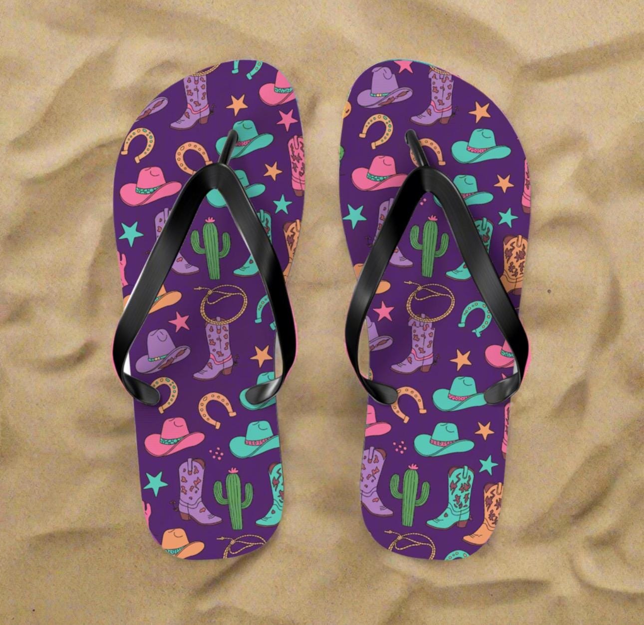 Cowgirl Flip Flops, Purple Sandals, Western Motif, Western Flip Flops, Western Slip On Sandals -Razels