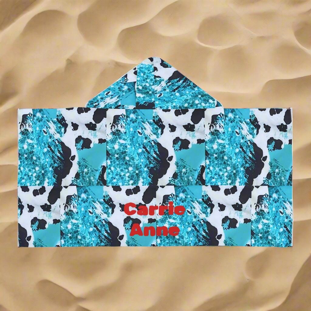 Personalized Cow Print Hooded Towel, Turquoise Glitter Cow Toddler Bath Towel, Custom Name Pool Towel, Beach Wrap, Western Summer Gift -Razels