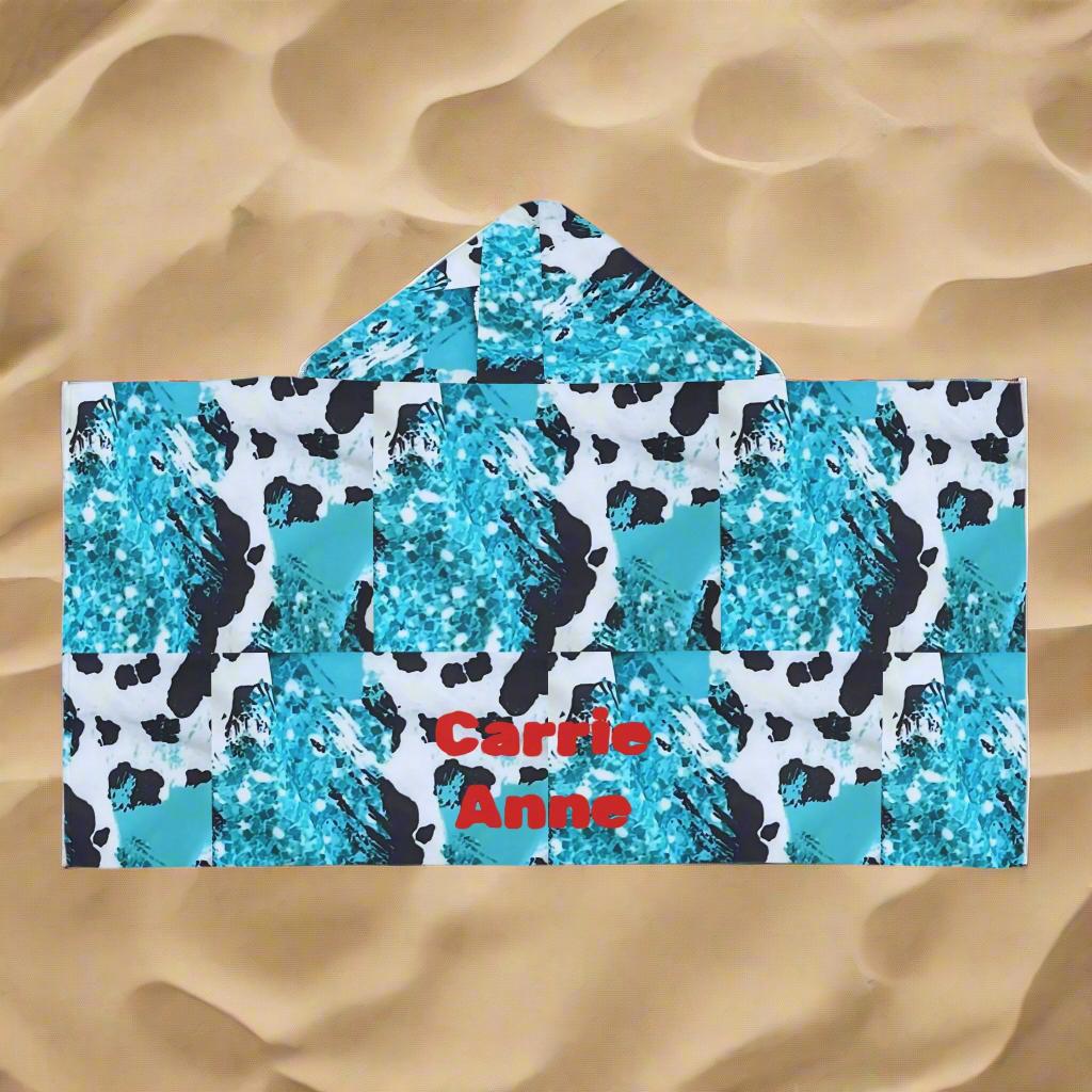 Personalized Cow Print Hooded Towel: Turquoise Glitter Kids Bath Wrap
