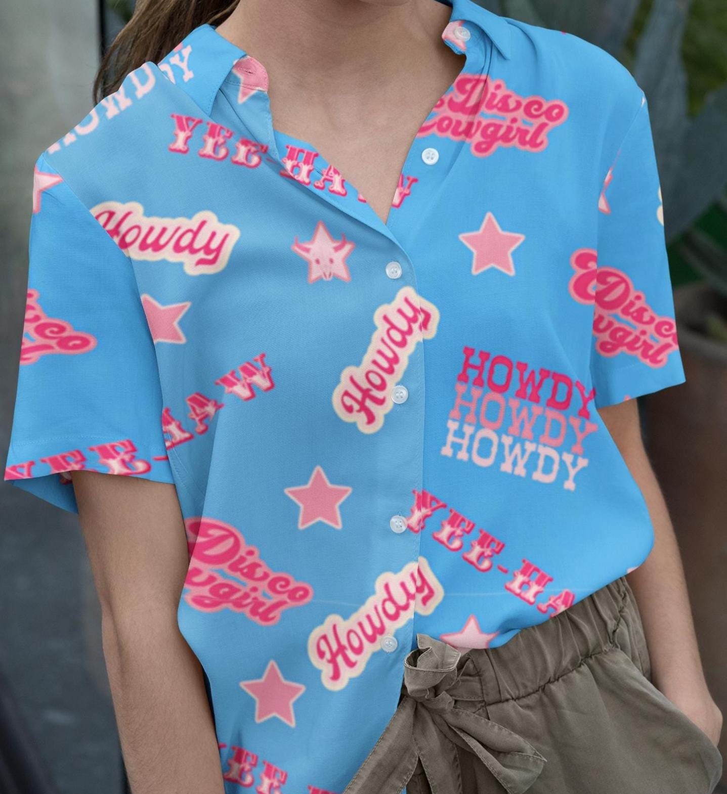 Howdy Western Hawaiian Shirt, Disco Cowgirl, Pink & Blue Cowgirl Button Down,