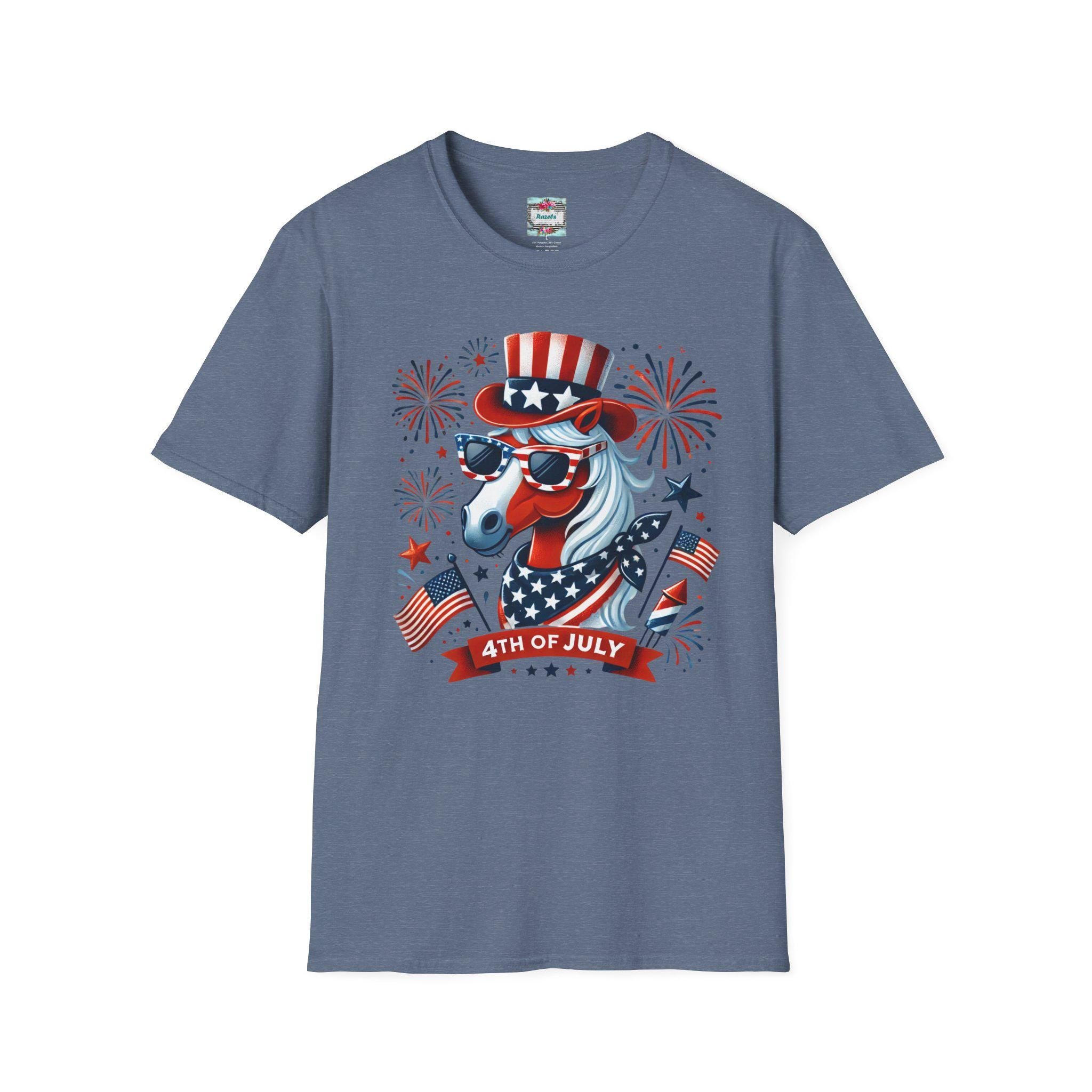 Patriotic Horse 4th of July T-Shirt, USA Independence Day Shirt | Unisex Softstyle Tee | Fireworks Uncle Sam Hat Graphic -Razels
