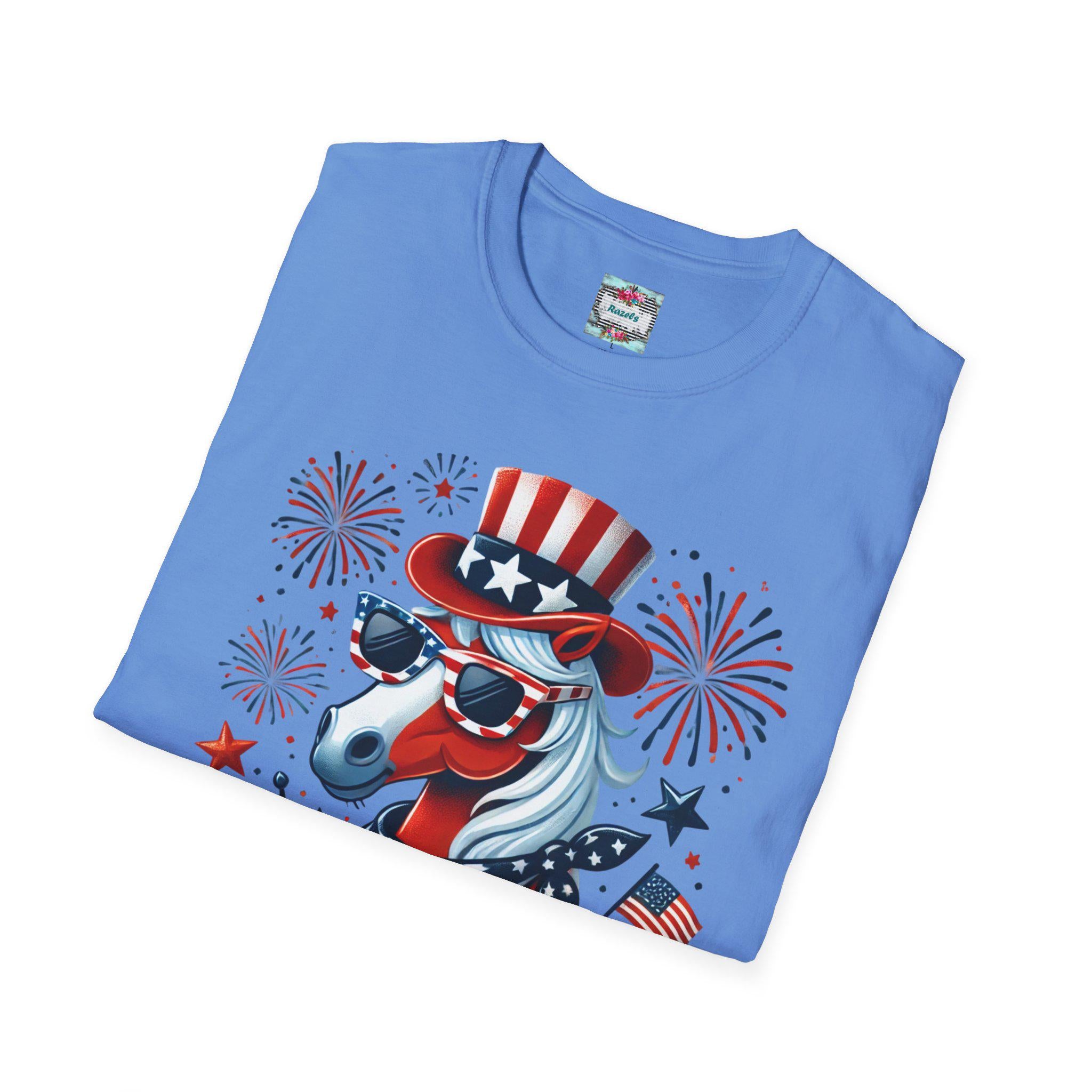 Patriotic Horse 4th of July T-Shirt, USA Independence Day Shirt | Unisex Softstyle Tee | Fireworks Uncle Sam Hat Graphic -Razels
