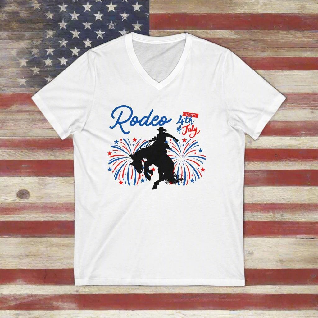 Rodeo 4th of July V-Neck T-Shirt, Bronc Rider Patriotic Tee for Men & Women, Family Matching Shirt -Razels