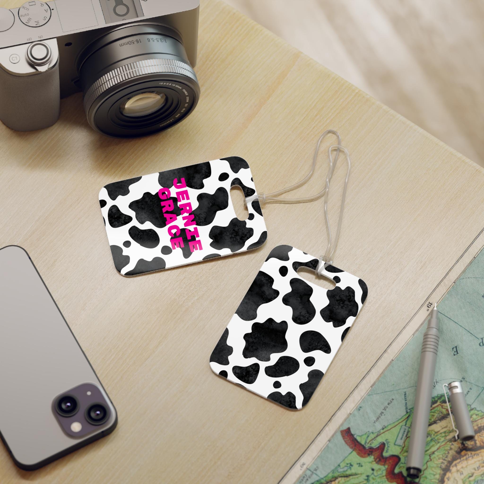 Cowprint Backpack Tag - Personalized Black & White Western Bag ID Tag with Hot Pink Name for Girls School Supplies -Razels