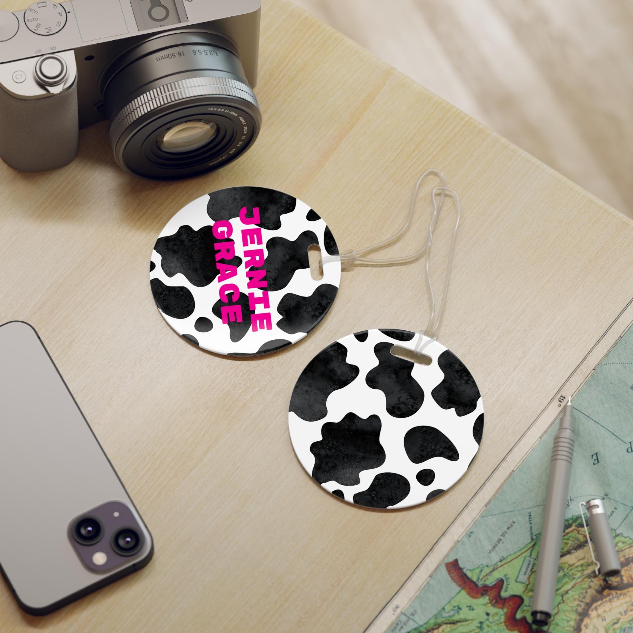 Cowprint Backpack Tag - Personalized Black & White Western Bag ID Tag with Hot Pink Name for Girls School Supplies -Razels