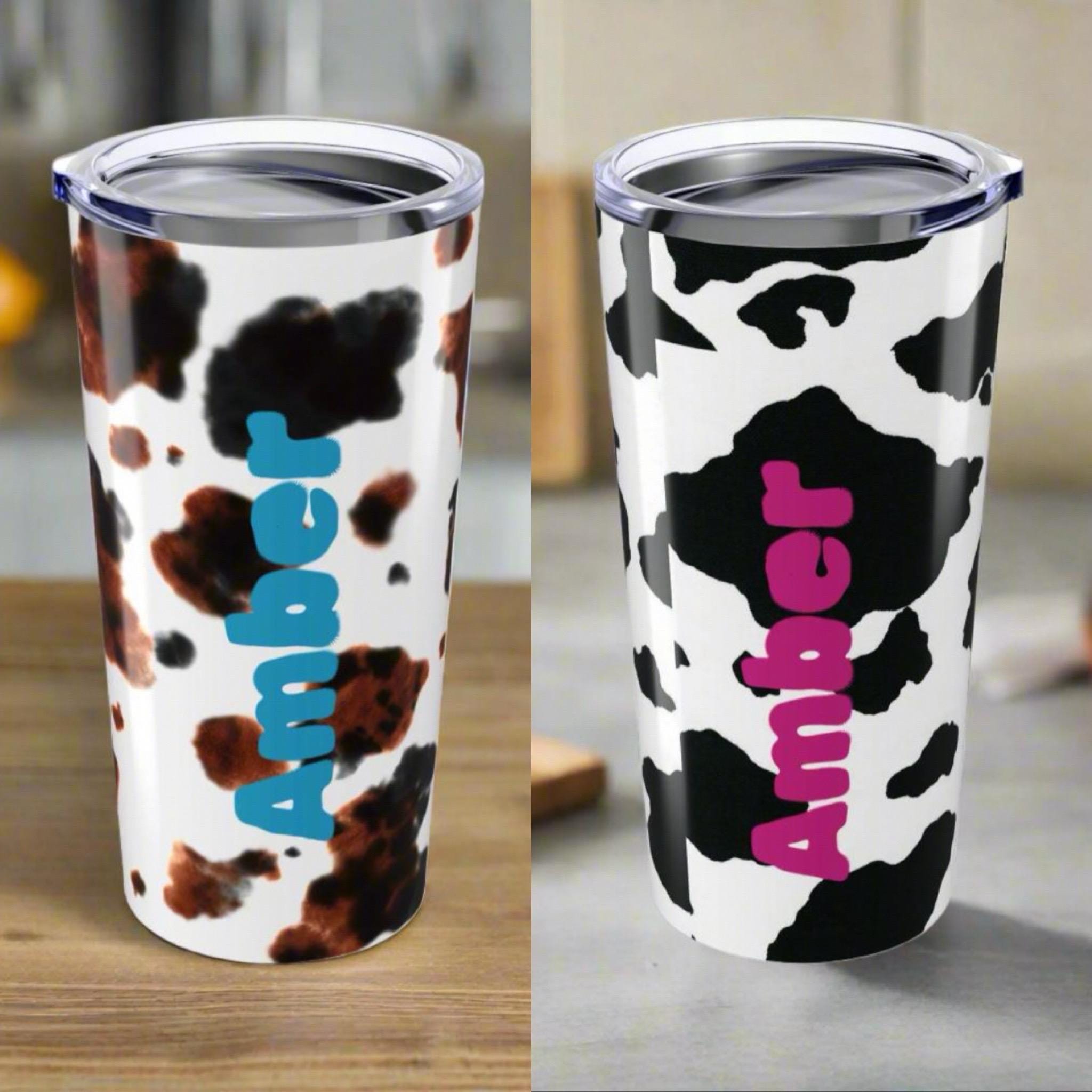 PERSONALIZED NAME Cow Print Tumbler, 20oz Stainless Steel Travel Mug -Razels