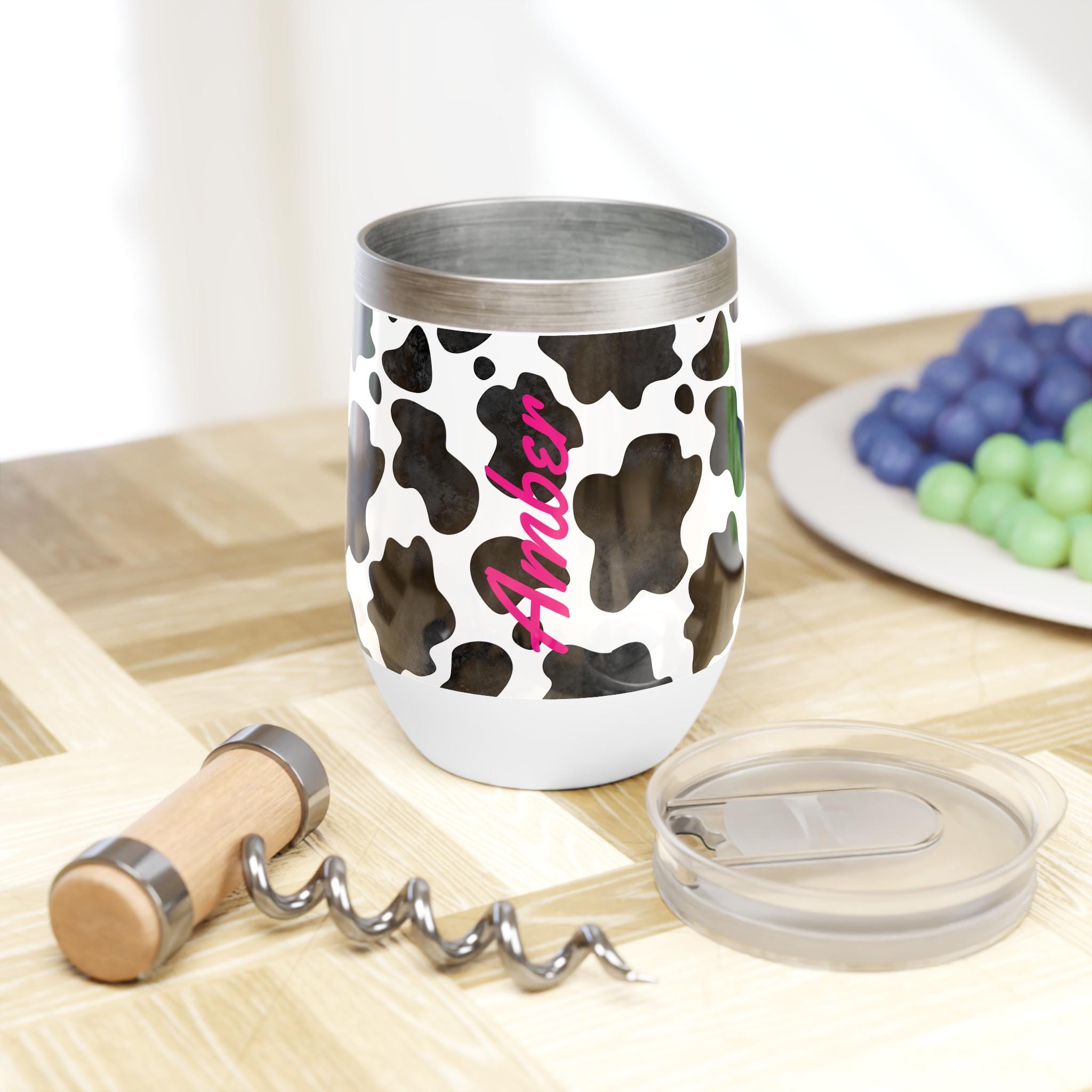 Black and White Cowprint Personalized Wine Tumbler, Cowgirl Wine Tumbler, COWPRINT Tumbler, Bachelorette Party, Cowgirl Summer -Razels