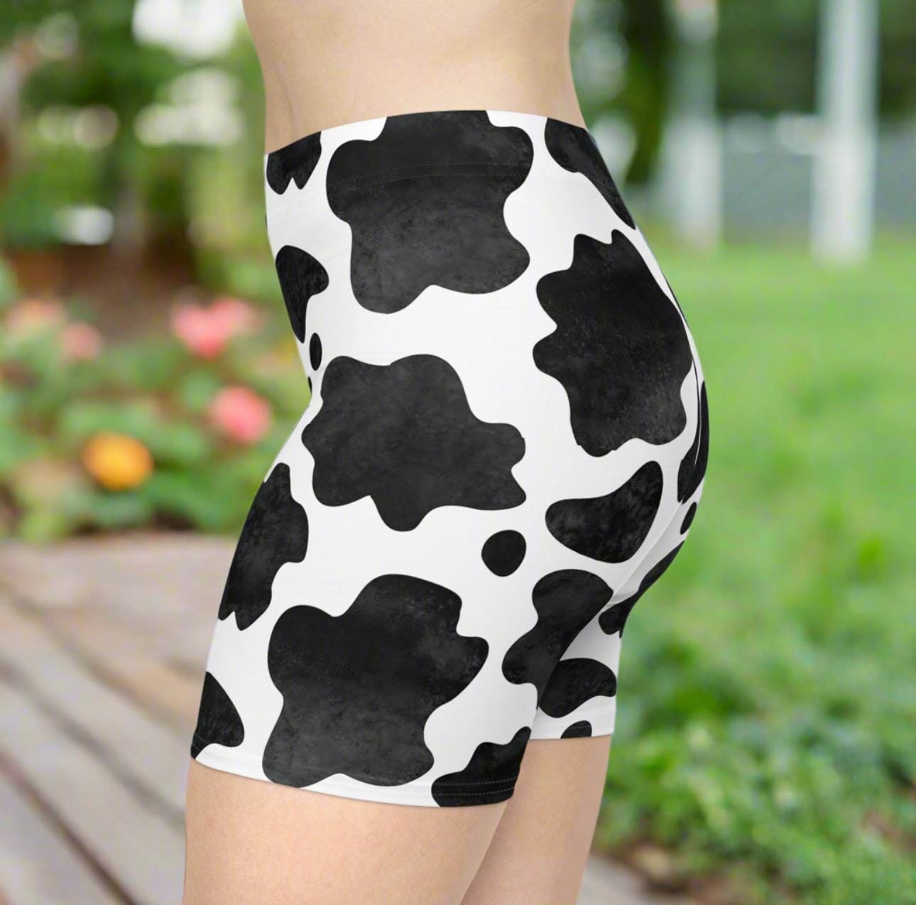 Cowprint shorts Black & White Biker Shorts, Western Cowgirl Summer Farm Vibe Activewear for Women -Razels