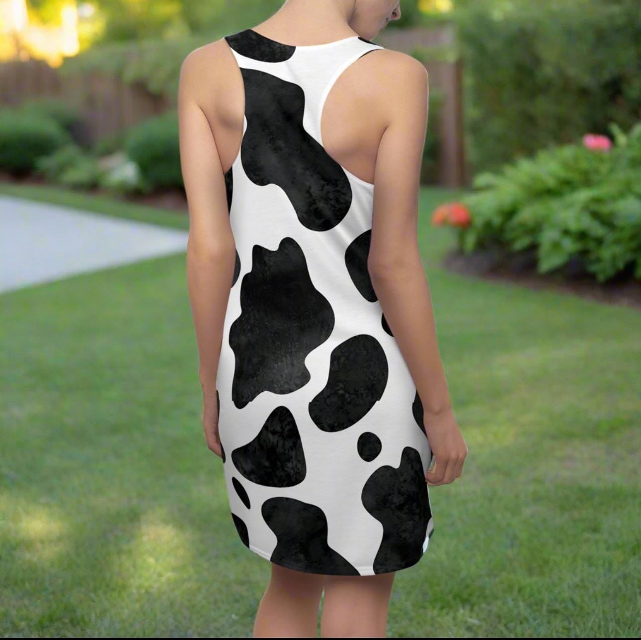 Cow Print Racerback Dress, Cowgirl Summer Dress, Black White Cowprint, Casual Summer Dress, Farmhouse Chic Beach Coverup -Razels