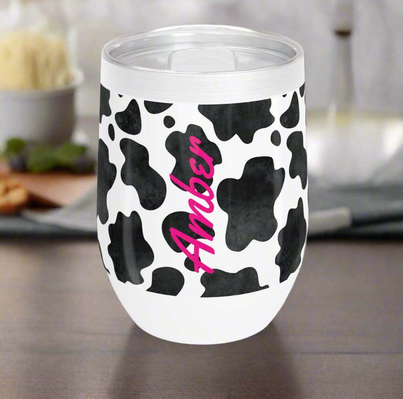 Black and White Cowprint Personalized Wine Tumbler, Cowgirl Wine Tumbler, COWPRINT Tumbler, Bachelorette Party, Cowgirl Summer -Razels