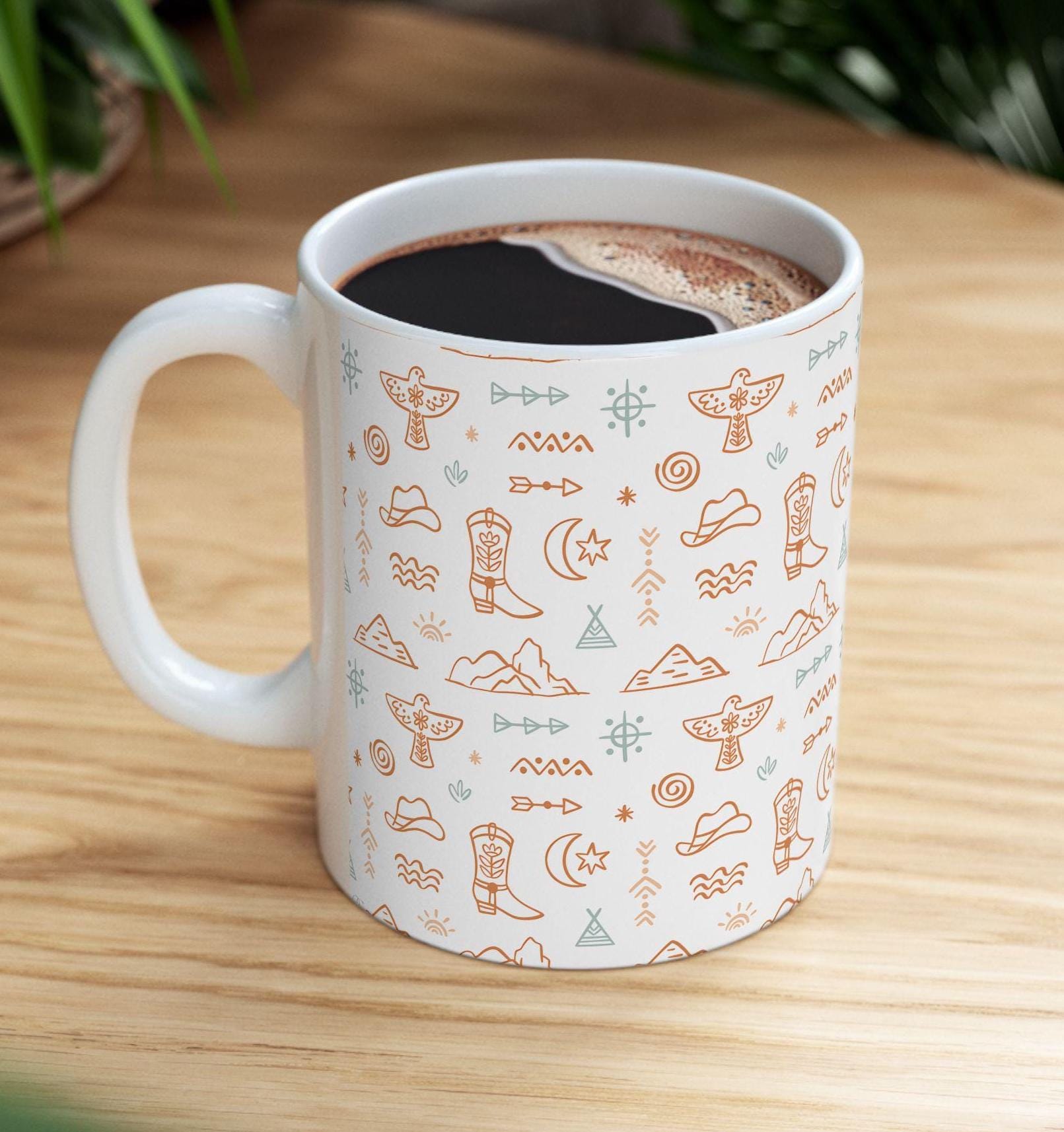 Western Motif Cowgirl Ceramic Mug 11oz or 15oz, Coffee Cup with Stars & Thunderbirds, Cowgirl Gift, Western Coffee Cup -Razels