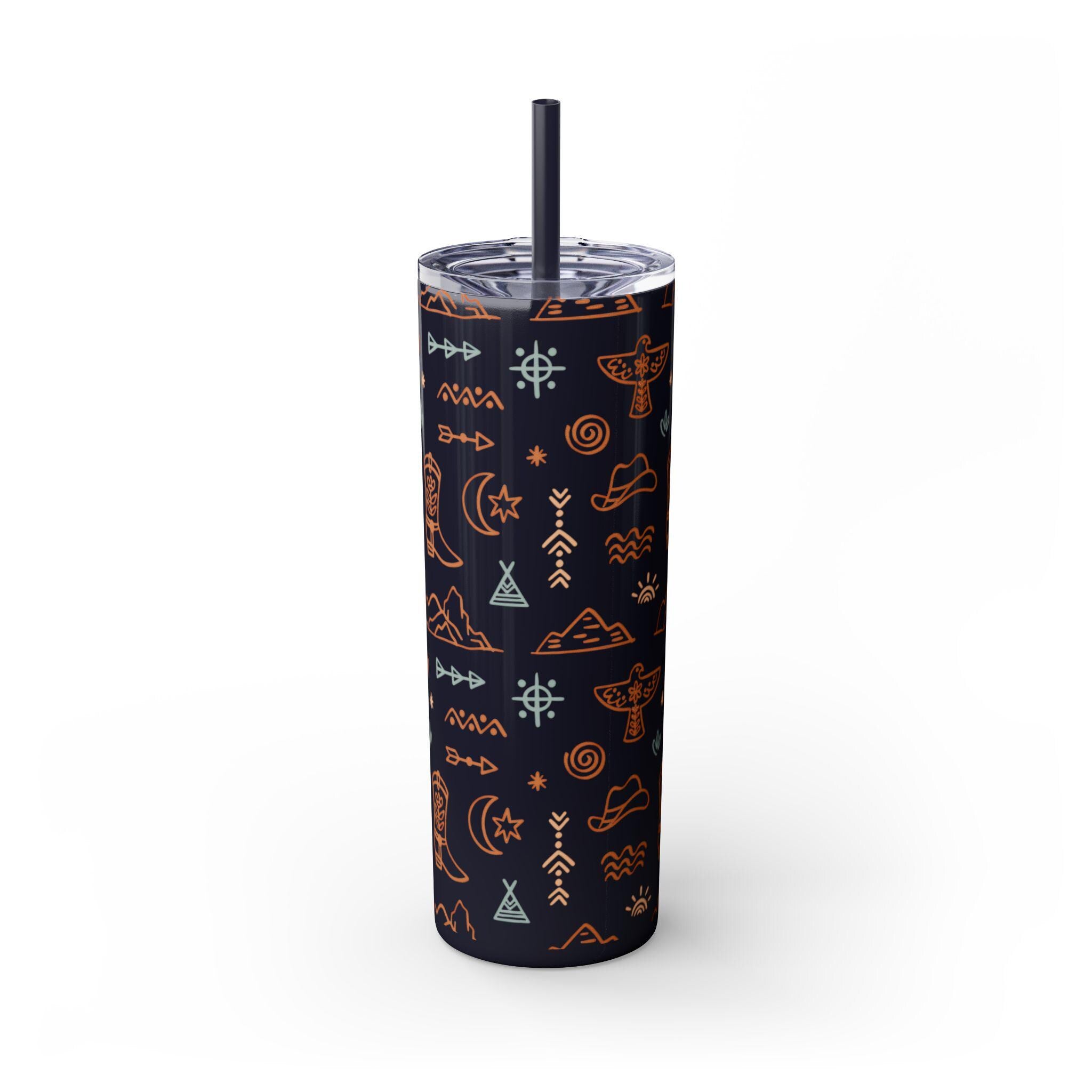 WESTERN SKINNY TUMBLER, COWBOY TUMBLER, COWGIRL TUMBLER FEATURING: allover boho western print featuring thunderbirds, mountains, cowboy hats, boots, and other iconic Western symbols. Double-wall insulation  Available in 8 stunning colors, including glitter options  Includes a clear plastic lid with a color-matching straw ✅ Made from durable, non-toxic stainless steel and BPA-free plastic. ✅ Slim, tapered design fit SHIPS FREE W/ $35+ PURCHASE