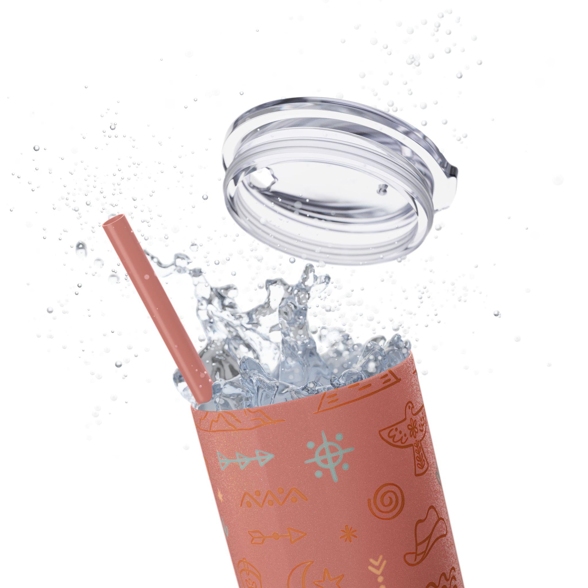 WESTERN SKINNY TUMBLER, COWBOY TUMBLER, COWGIRL TUMBLER FEATURING: allover boho western print featuring thunderbirds, mountains, cowboy hats, boots, and other iconic Western symbols. Double-wall insulation  Available in 8 stunning colors, including glitter options  Includes a clear plastic lid with a color-matching straw ✅ Made from durable, non-toxic stainless steel and BPA-free plastic. ✅ Slim, tapered design fit SHIPS FREE W/ $35+ PURCHASE