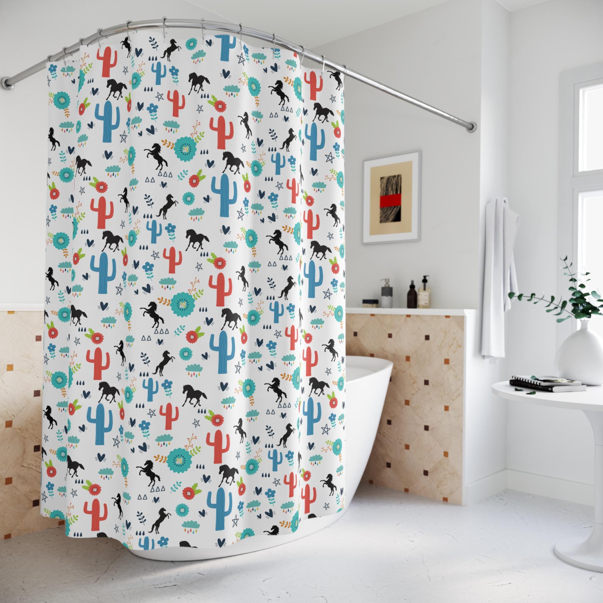 BOHO Cactus Shower Curtain, Southwestern Horse Bathroom Decor, Boho Desert Kids Bath , Colorful Western Gift -Razels
