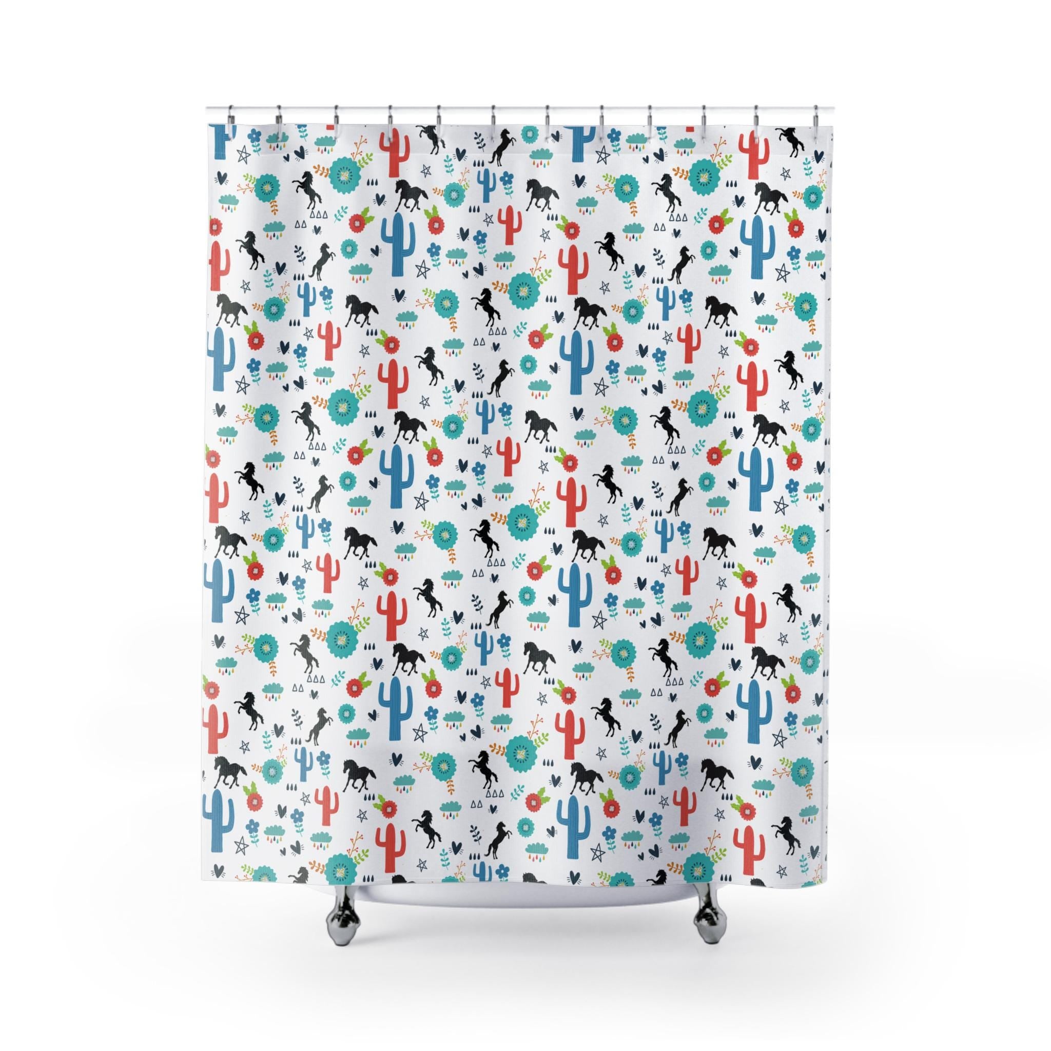 BOHO Cactus Shower Curtain, Southwestern Horse Bathroom Decor, Boho Desert Kids Bath , Colorful Western Gift -Razels