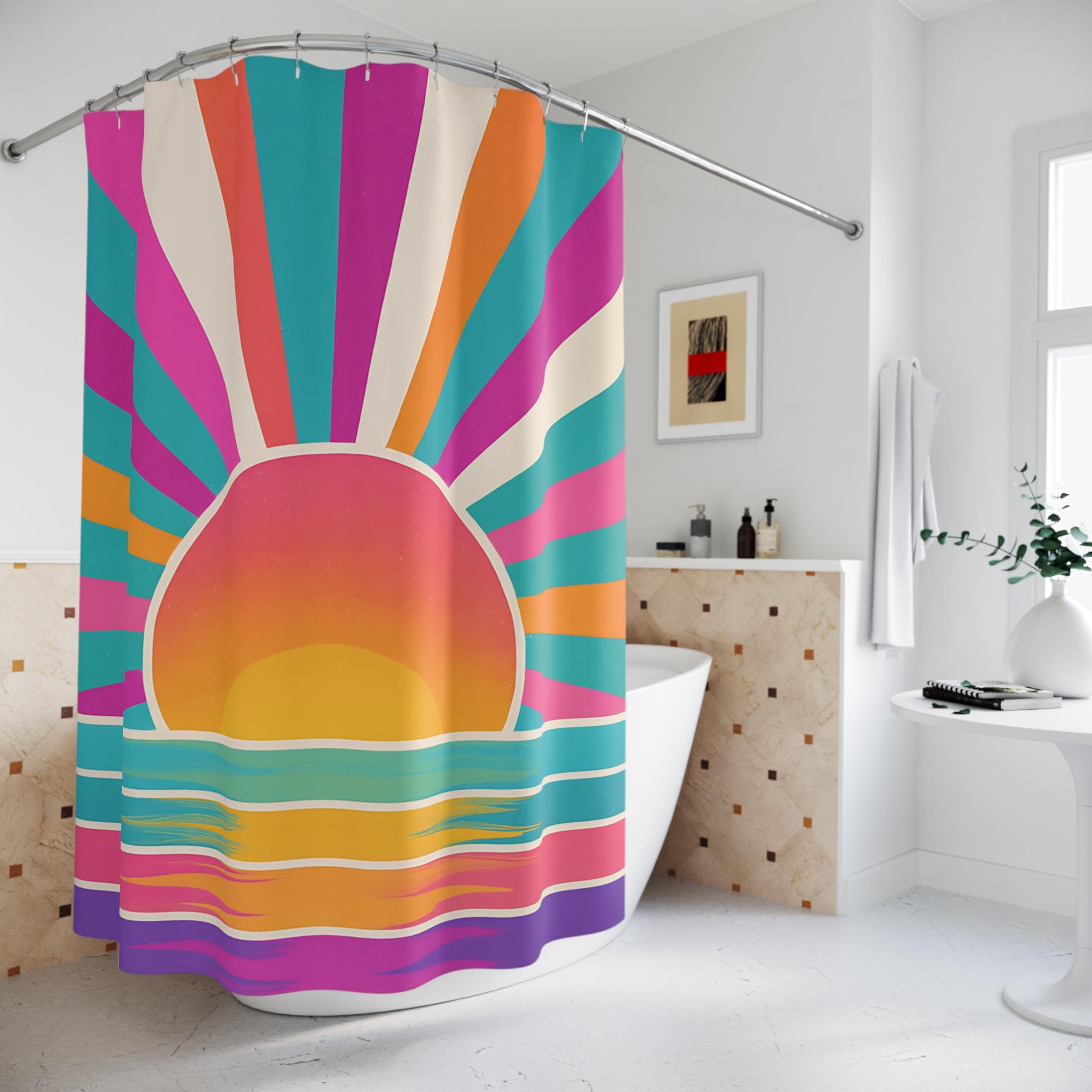 Sunrise Radiance Shower Curtain , BOHO SHOWER CURTAIN, Turquoise, Pink & Yellow Boho Bathroom Decor -Razels