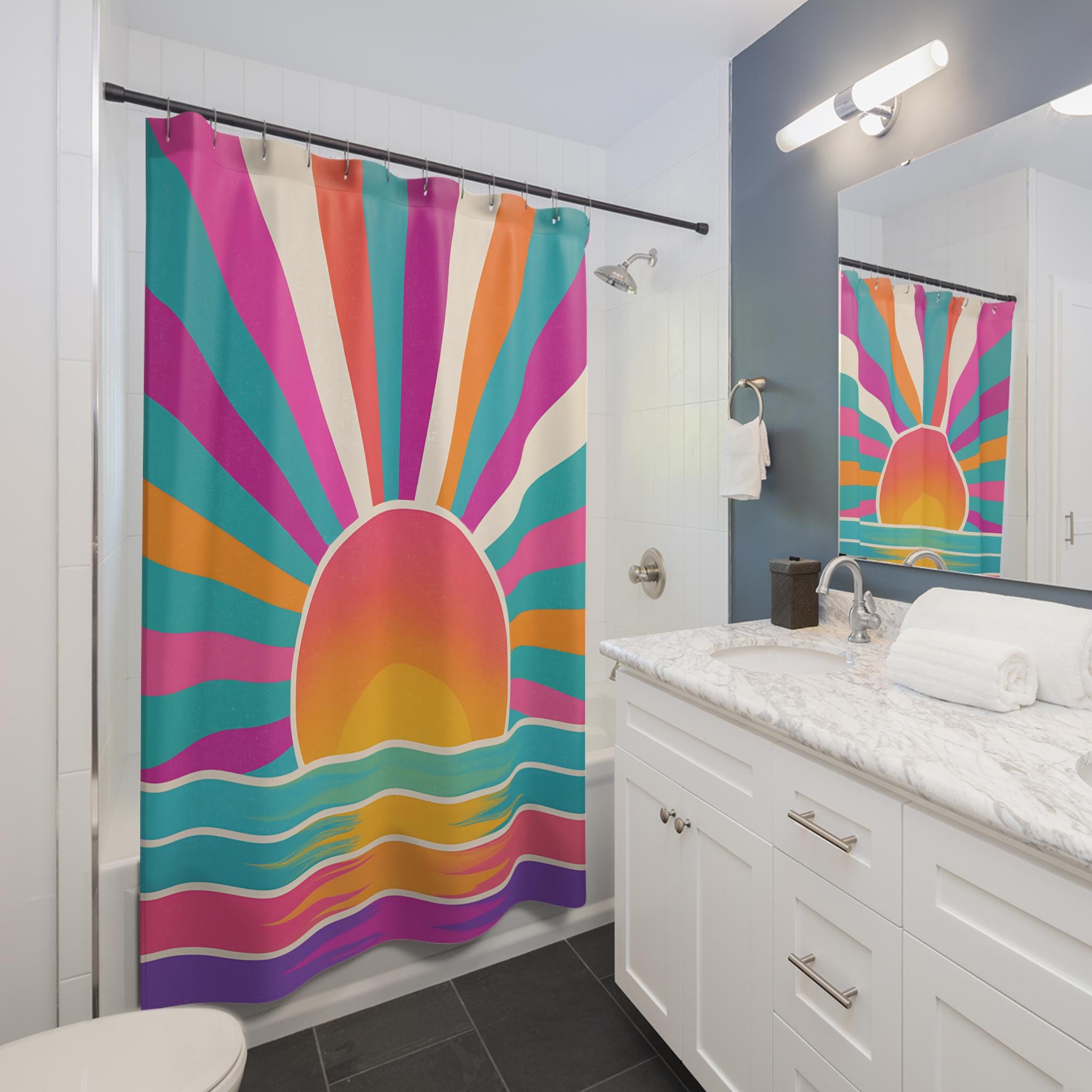 Sunrise Radiance Shower Curtain , BOHO SHOWER CURTAIN, Turquoise, Pink & Yellow Boho Bathroom Decor -Razels