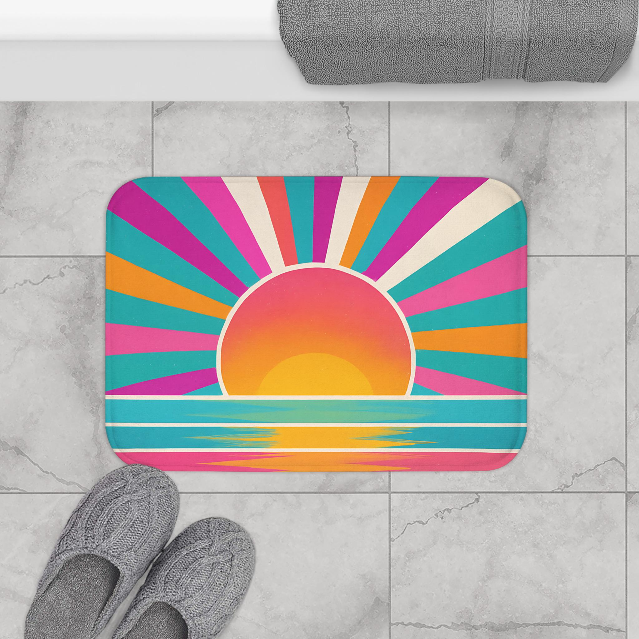 Sunrise Bath Mat Boho Memory Foam Rug in Pink Yellow Turquoise – Cozy Bathroom, Dorm & Kids Decor -Razels