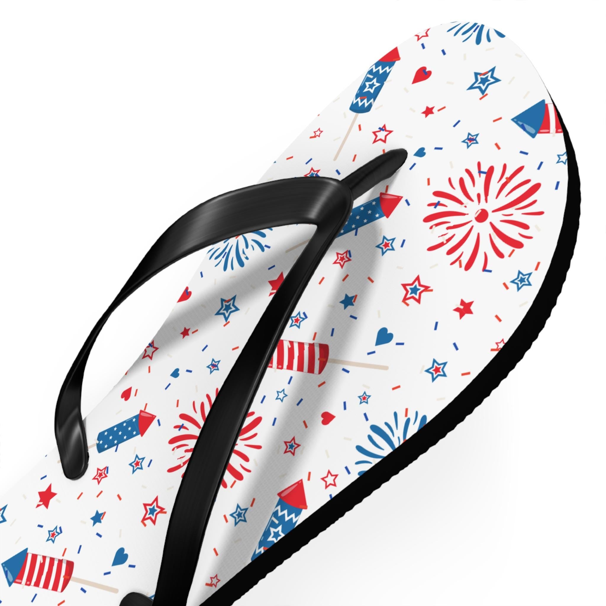 Patriotic Flip Flops Fireworks, Stars Hearts July 4th Sandals | Red White & Blue Summer Shoes -Razels