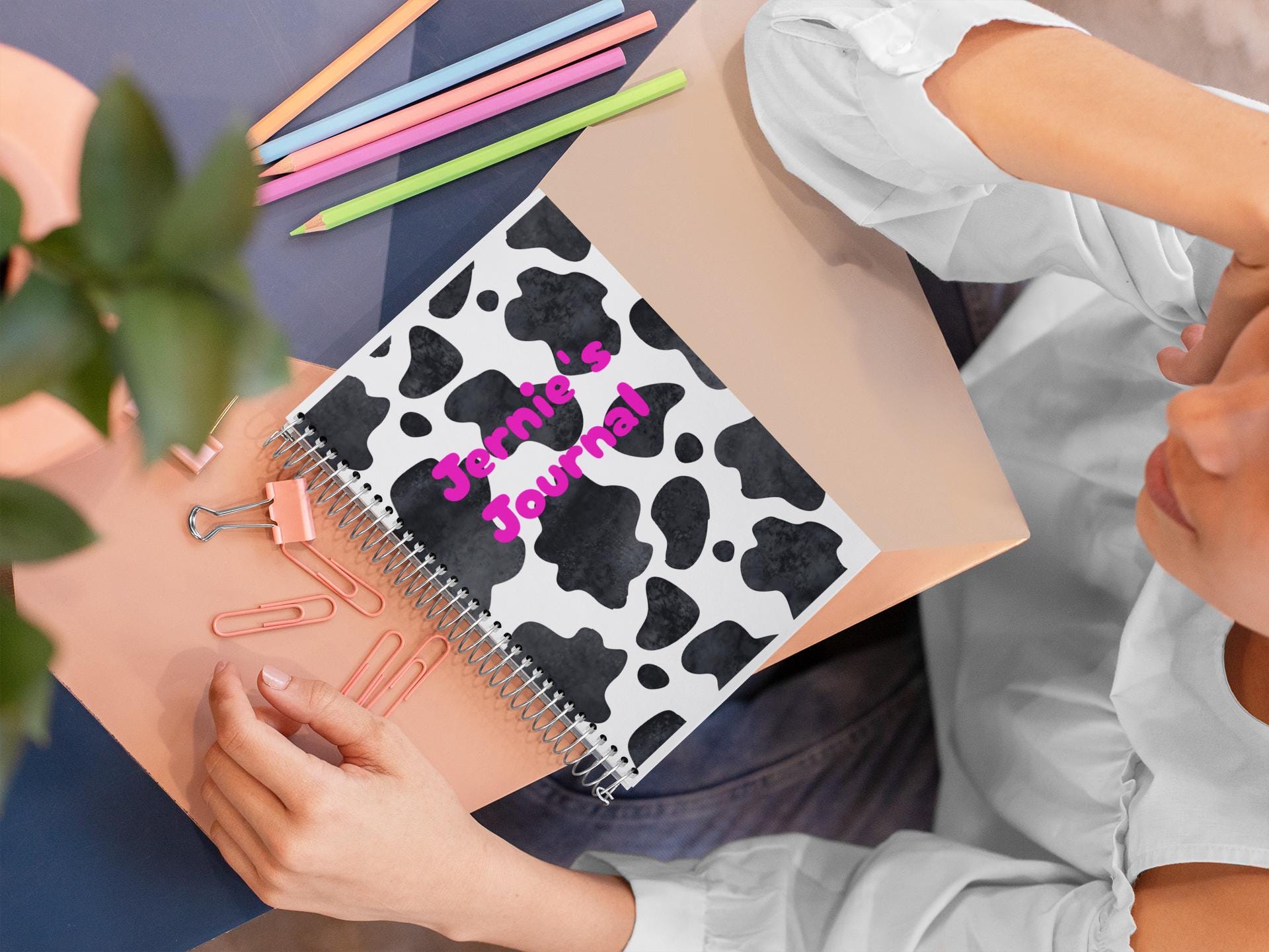 Personalized Cowprint Notebook with Hot Pink Name, Black & White Western Journal -Razels