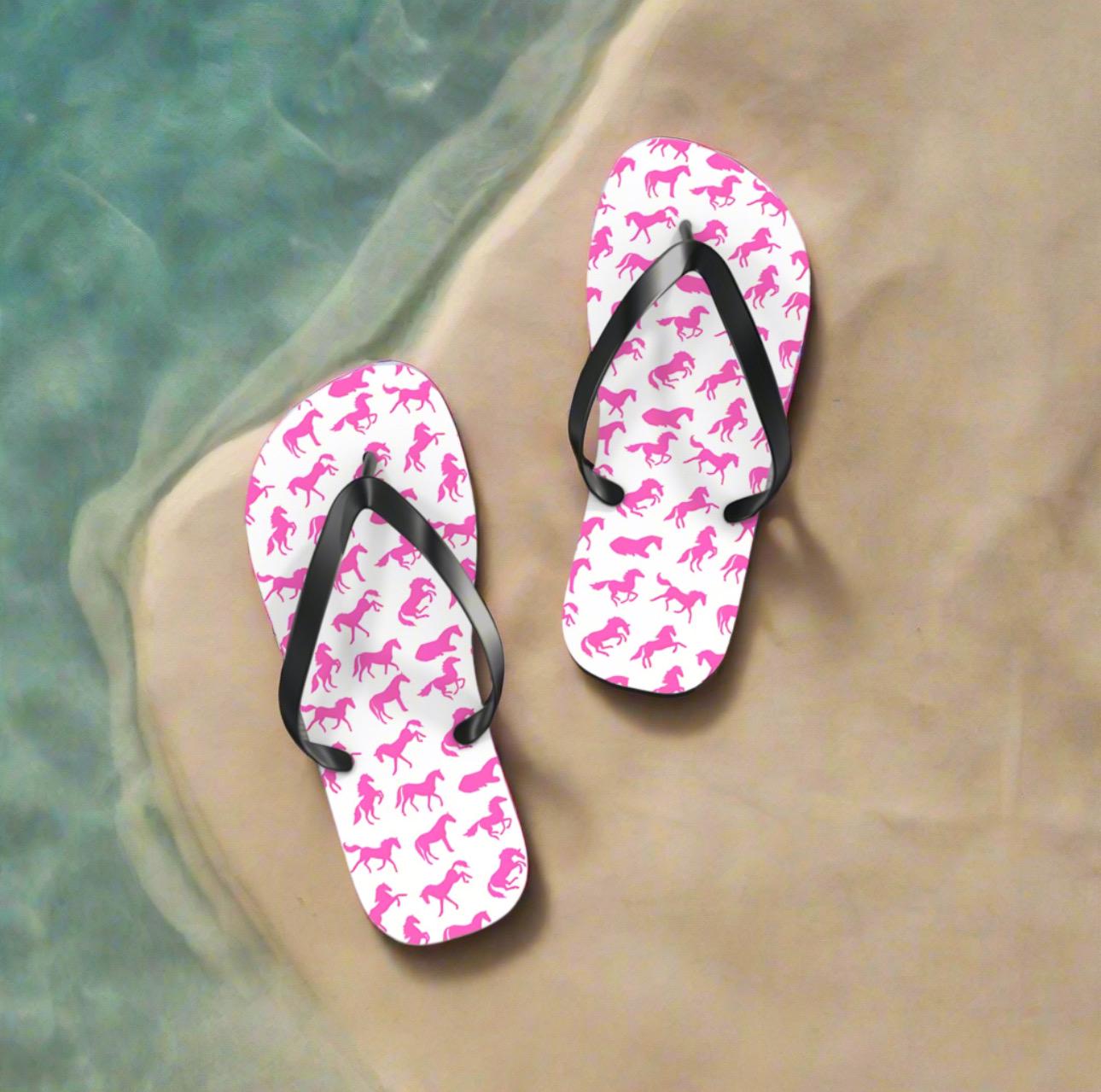 PINK PONY CLUB Flip-Flops, Pink Horse Western Sandals | Cowgirl Bachelorette Party Shoes | Rodeo Pool Slides | Horse Shoes -Razels