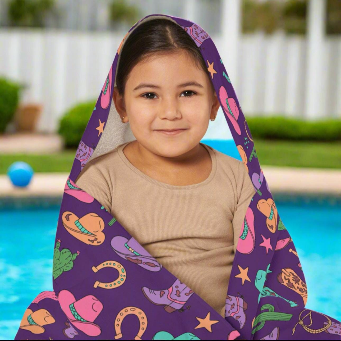 Cowgirl Hooded Towel for Kids, Personalized Western Towel with Cactus, Boots & Horseshoes, Purple Pink Turquoise Bath or Beach Wrap -Razels