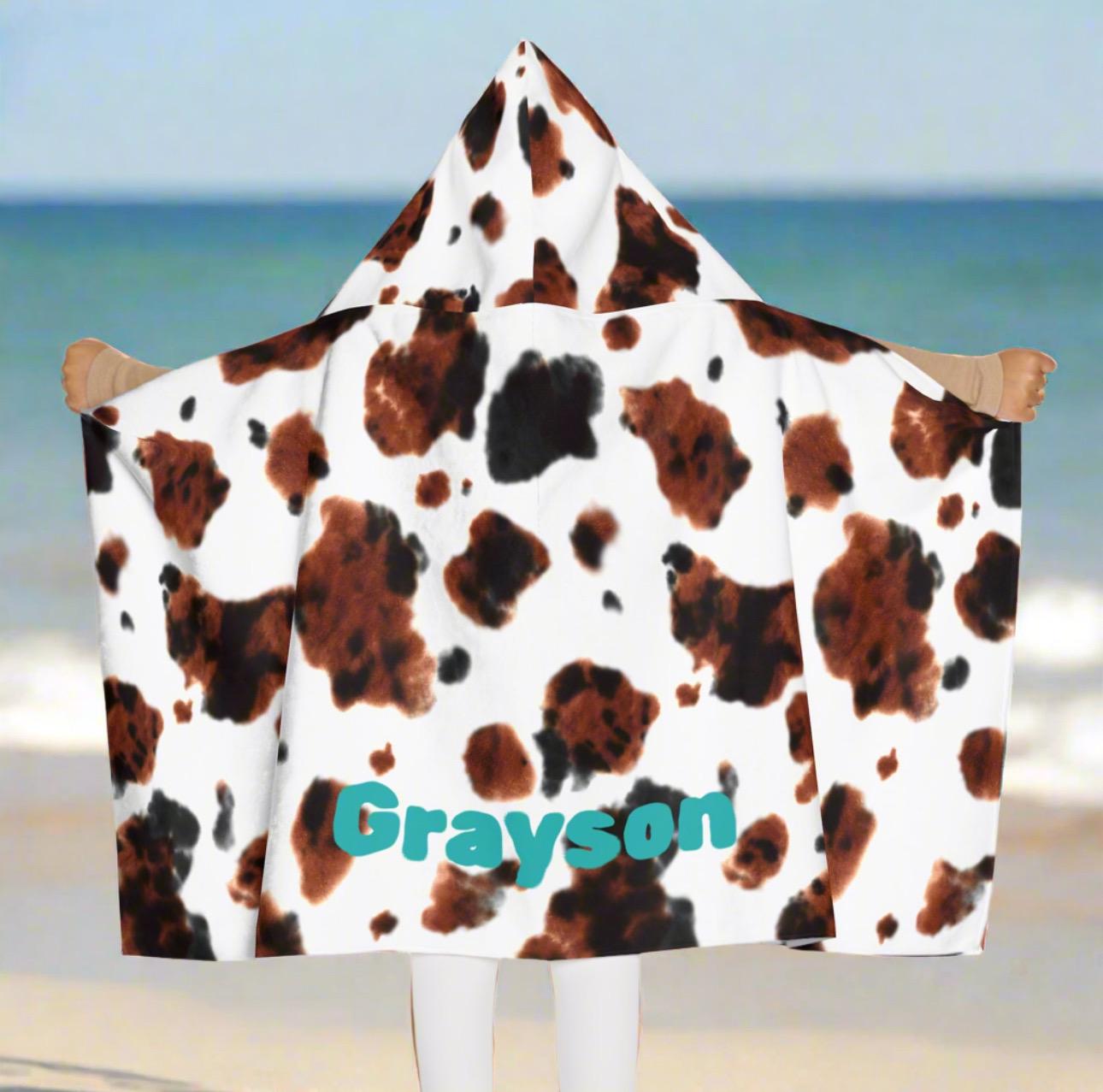 Cow Print Hooded Towel Personalized, Custom Western Toddler Bath Towel, Cowboy Pool Towel, Beach Wrap, Summer Gift -Razels