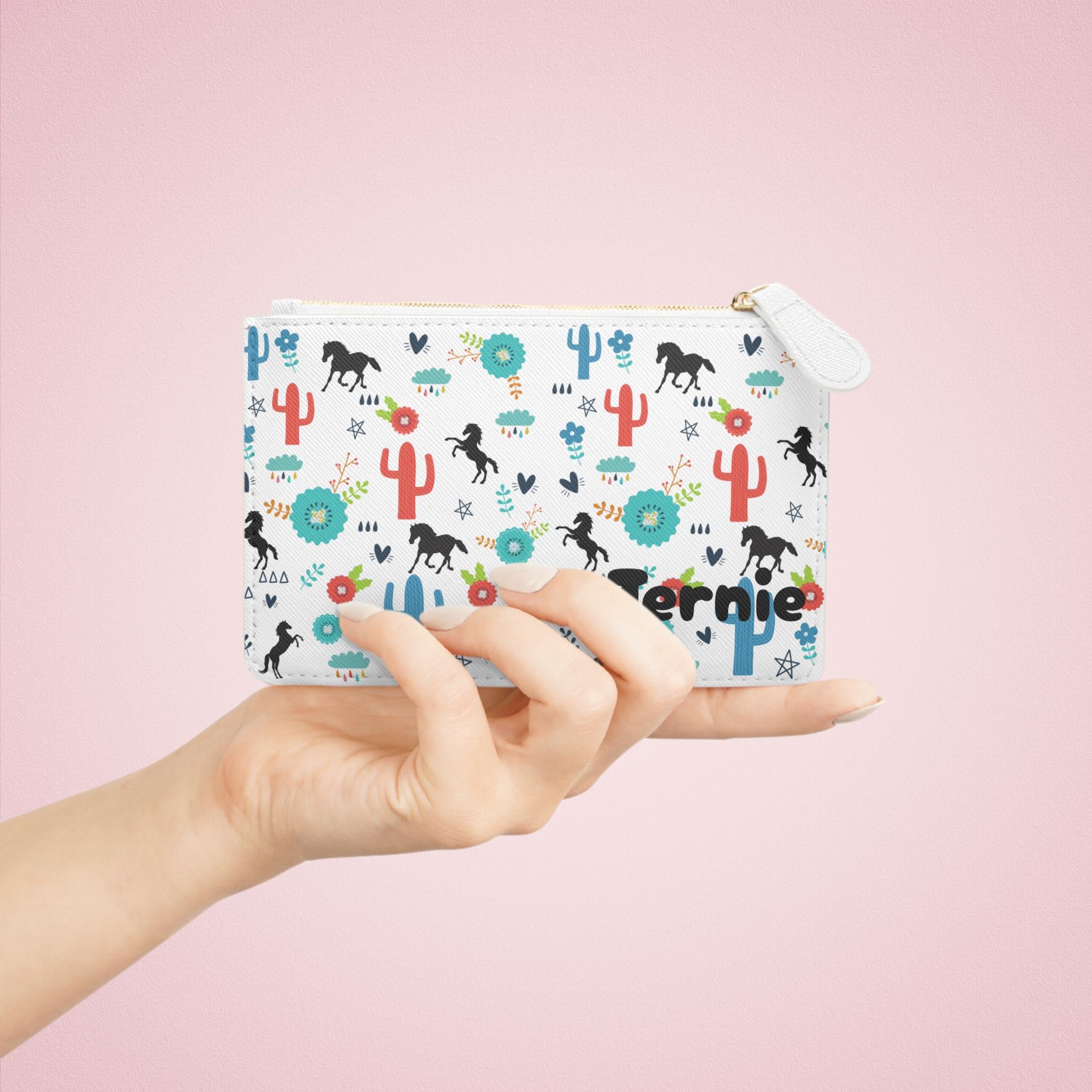 Personalized Cowgirl Mini Clutch, Colorful Horse Cactus Print Purse with Name or Initials | Faux Leather Bag for Girls, Gifts -Razels