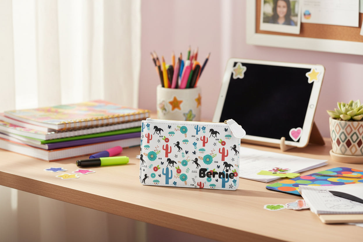 Personalized Cowgirl Mini Clutch: Horse Cactus Print Faux Leather Purse