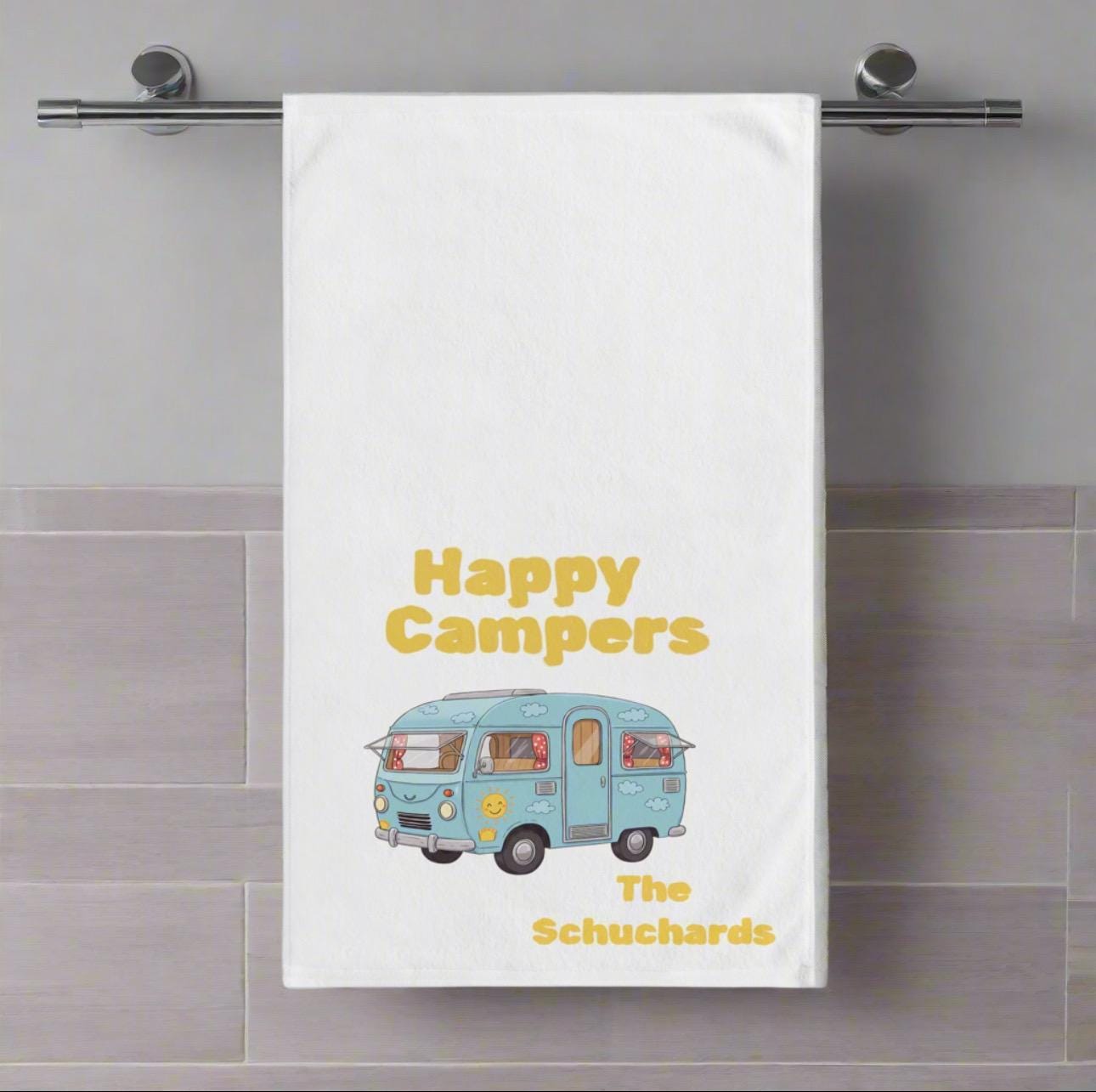 Personalized Happy Campers Hand Towel, Custom Family Name RV Towel, Vintage Camper Kitchen Towel, Camping Decor Gift, -Razels