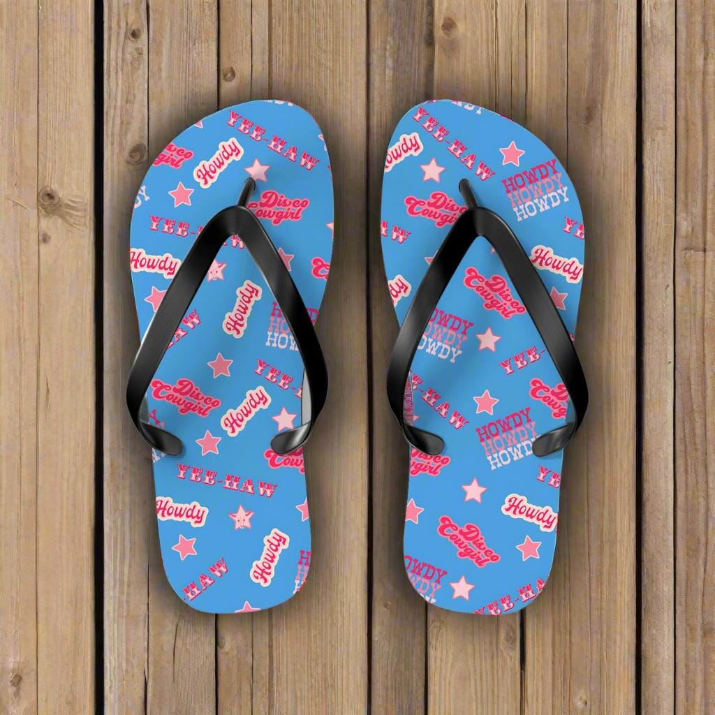 Disco Cowgirl Flip-Flops Hot Pink & Periwinkle Western Sandals Bachelorette Party Favor Yeehaw Shoes -Razels