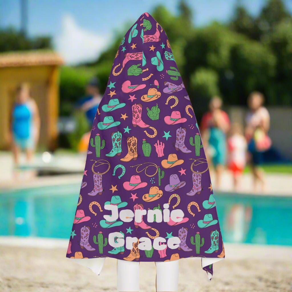 Cowgirl Hooded Towel for Kids, Personalized Western Towel with Cactus, Boots & Horseshoes, Purple Pink Turquoise Bath or Beach Wrap -Razels