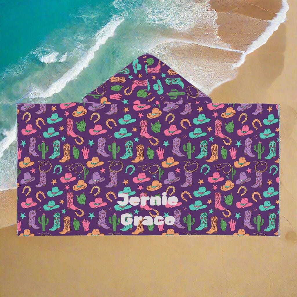 Cowgirl Hooded Towel for Kids, Personalized Western Towel with Cactus, Boots & Horseshoes, Purple Pink Turquoise Bath or Beach Wrap -Razels
