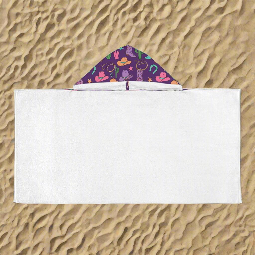 Cowgirl Hooded Towel for Kids, Personalized Western Towel with Cactus, Boots & Horseshoes, Purple Pink Turquoise Bath or Beach Wrap -Razels