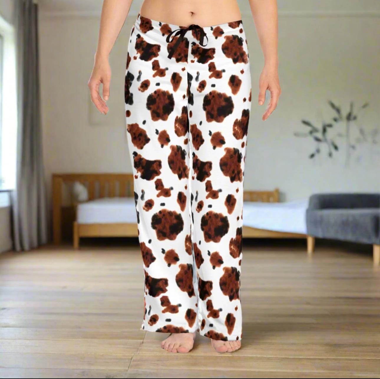Brown Cow Print Pajama Pants: Western Cowgirl Loungewear -Razels