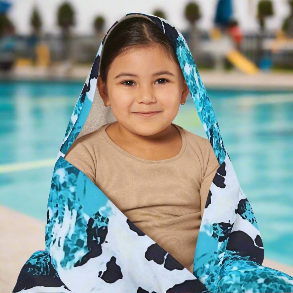 Personalized Cow Print Hooded Towel, Turquoise Glitter Cow Toddler Bath Towel, Custom Name Pool Towel, Beach Wrap, Western Summer Gift -Razels