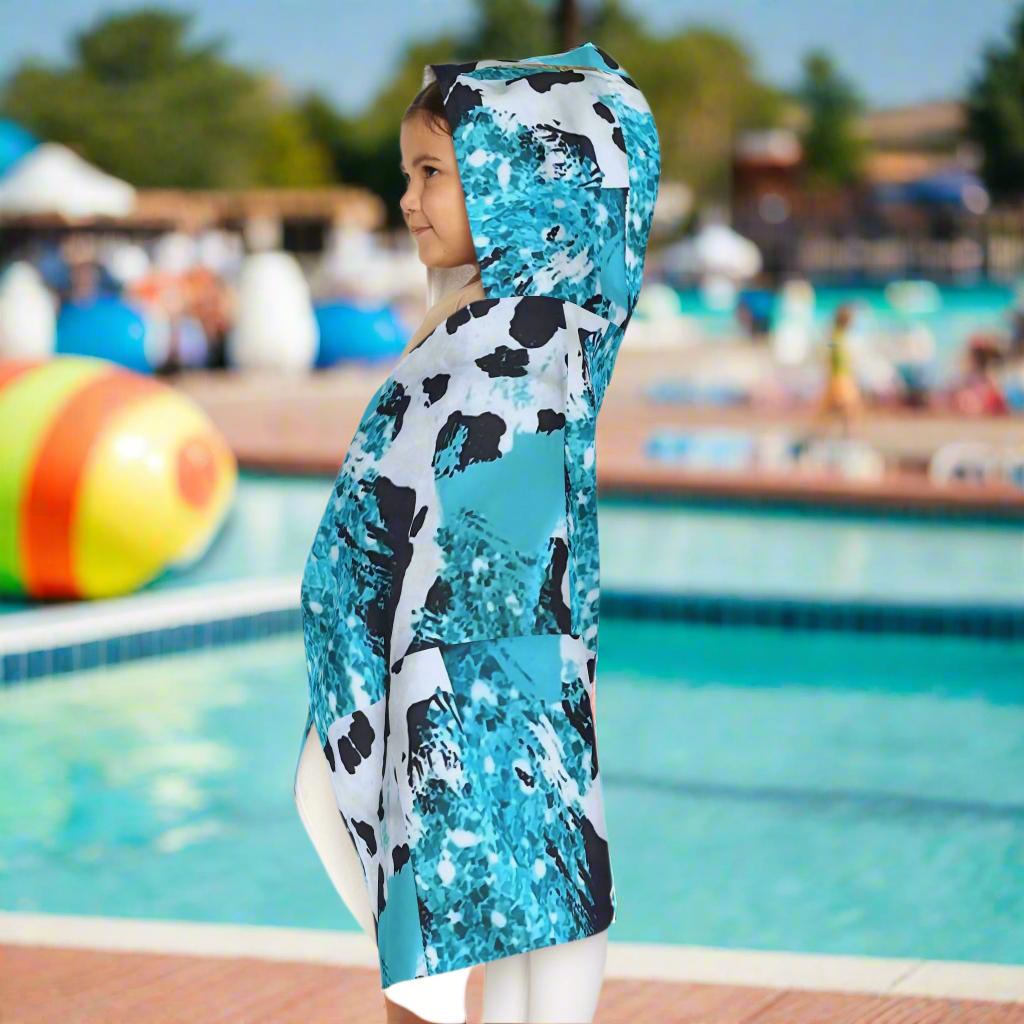 Personalized Cow Print Hooded Towel: Turquoise Glitter Kids Bath Wrap
