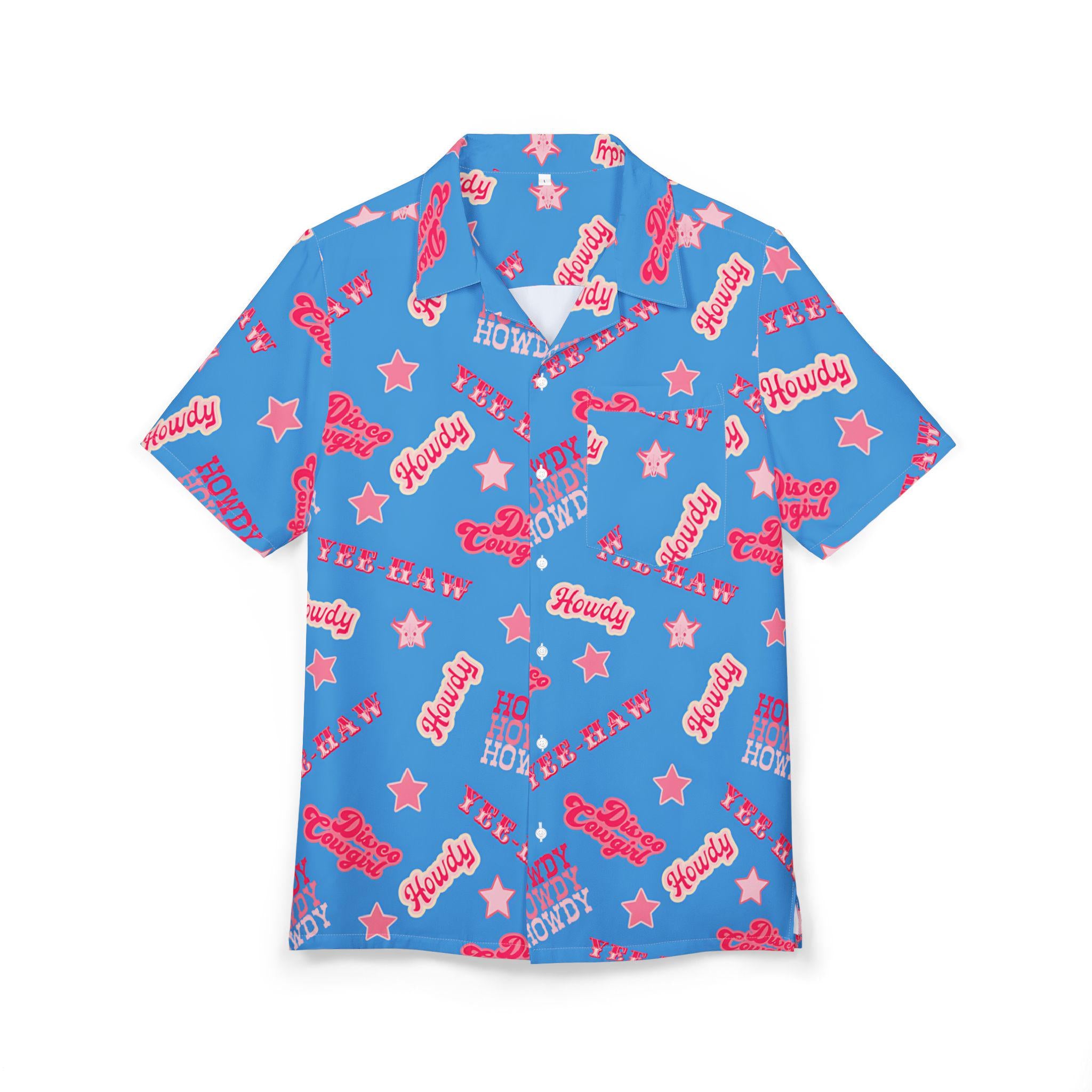 Howdy Western Hawaiian Shirt, Disco Cowgirl, Pink & Blue Cowgirl Button Down, Yeehaw Vibes