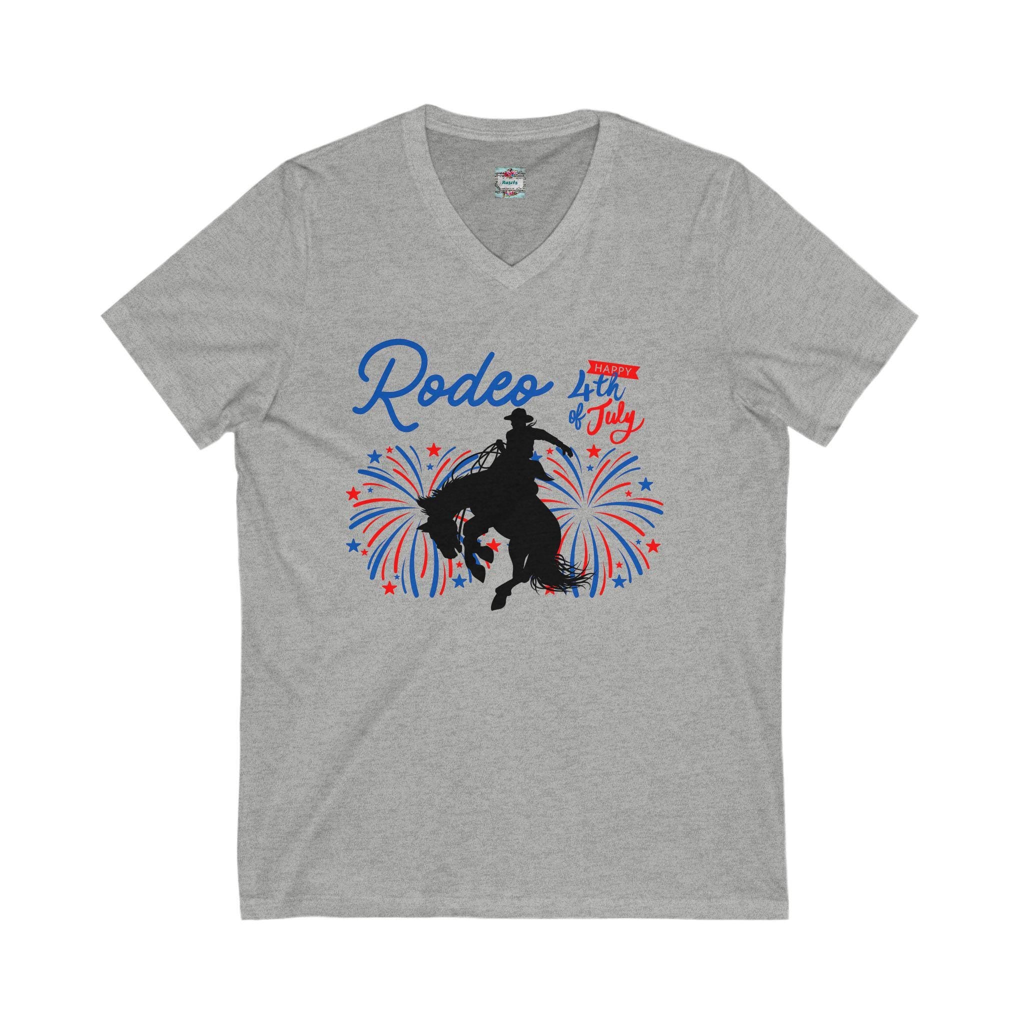 Rodeo Celebration V-Neck – Patriotic Bronc Rider Tee for the 4th of July
Get ready to rodeo into the Fourth of July with style! This unisex V-neck tee features our bold bronc silhouette blasting through red, white, and blue fireworks—bringing big Western energy to your Independence Day fun
✓ 100% lightweight cotton for all-day comfort
✓ Flattering retail fit with classic V-neckline
✓ Ethically produced and fair-labor certified
✓ Unisex sizing – great for everyone