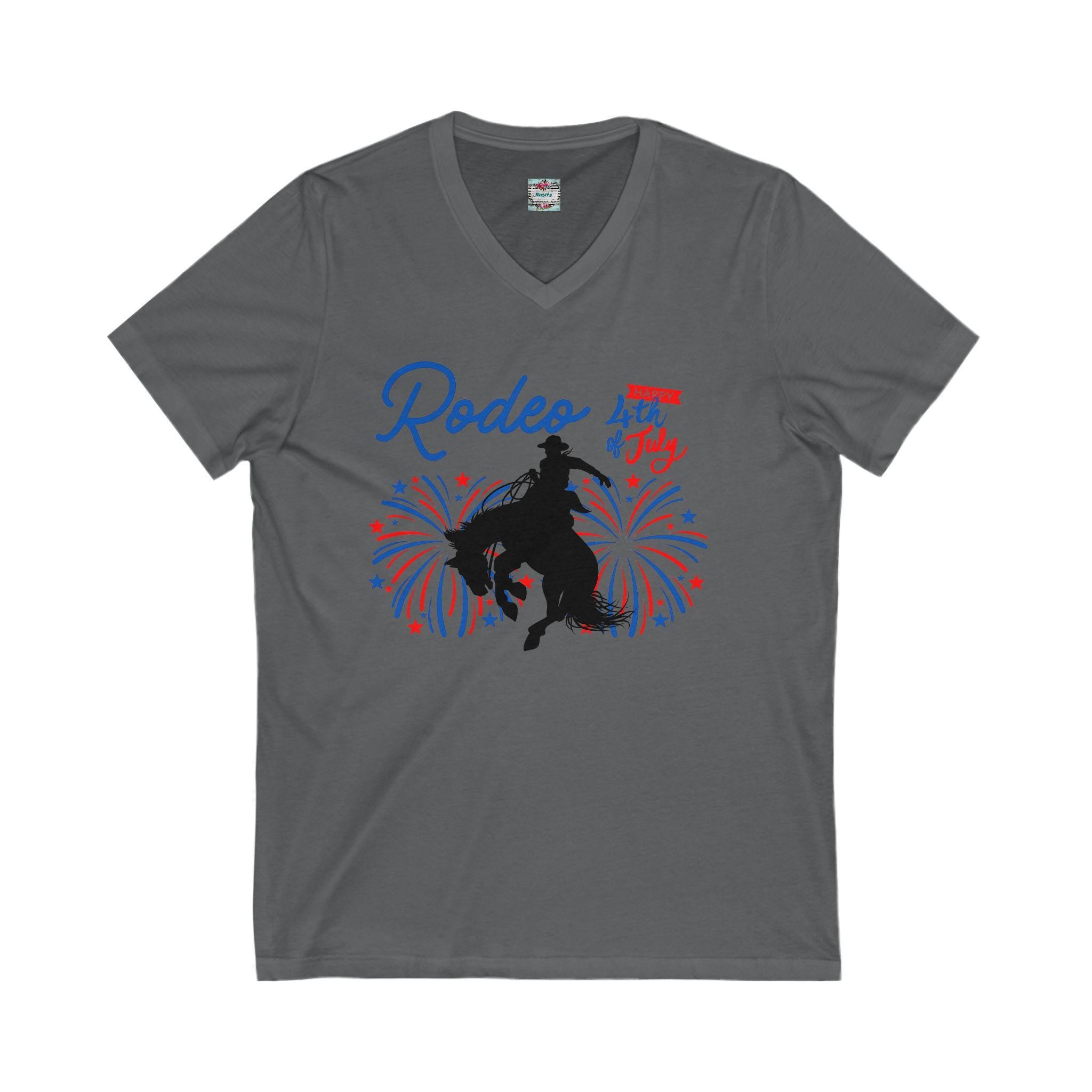 Rodeo Celebration V-Neck – Patriotic Bronc Rider Tee for the 4th of July
Get ready to rodeo into the Fourth of July with style! This unisex V-neck tee features our bold bronc silhouette blasting through red, white, and blue fireworks—bringing big Western energy to your Independence Day fun
✓ 100% lightweight cotton for all-day comfort
✓ Flattering retail fit with classic V-neckline
✓ Ethically produced and fair-labor certified
✓ Unisex sizing – great for everyone
