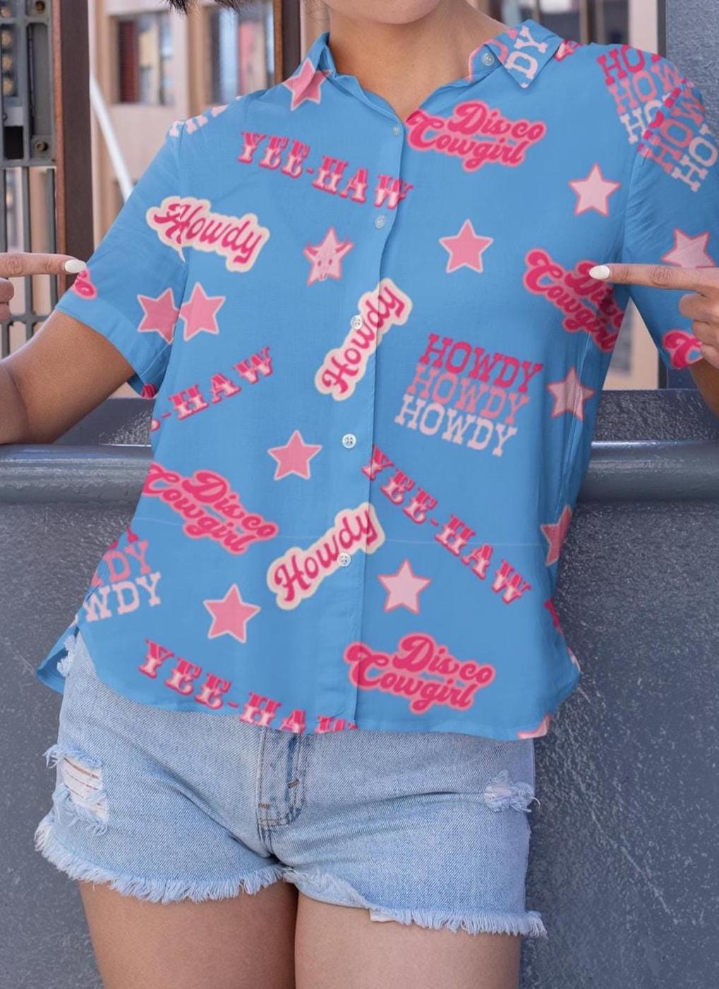 Howdy Western Hawaiian Shirt, Disco Cowgirl, Pink & Blue Cowgirl Button Down, Yeehaw Vibes