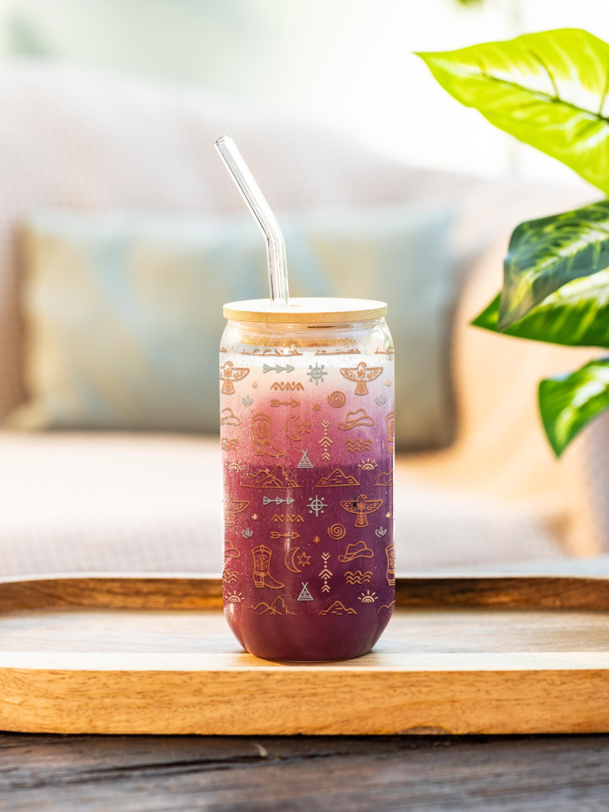 Western Glass Tumbler, Iced Tea Glass 16oz, Eco Friendly Drinkware, Boho Western Gift, Mountain Arrows Print, Cowgirl Tumbler -Razels