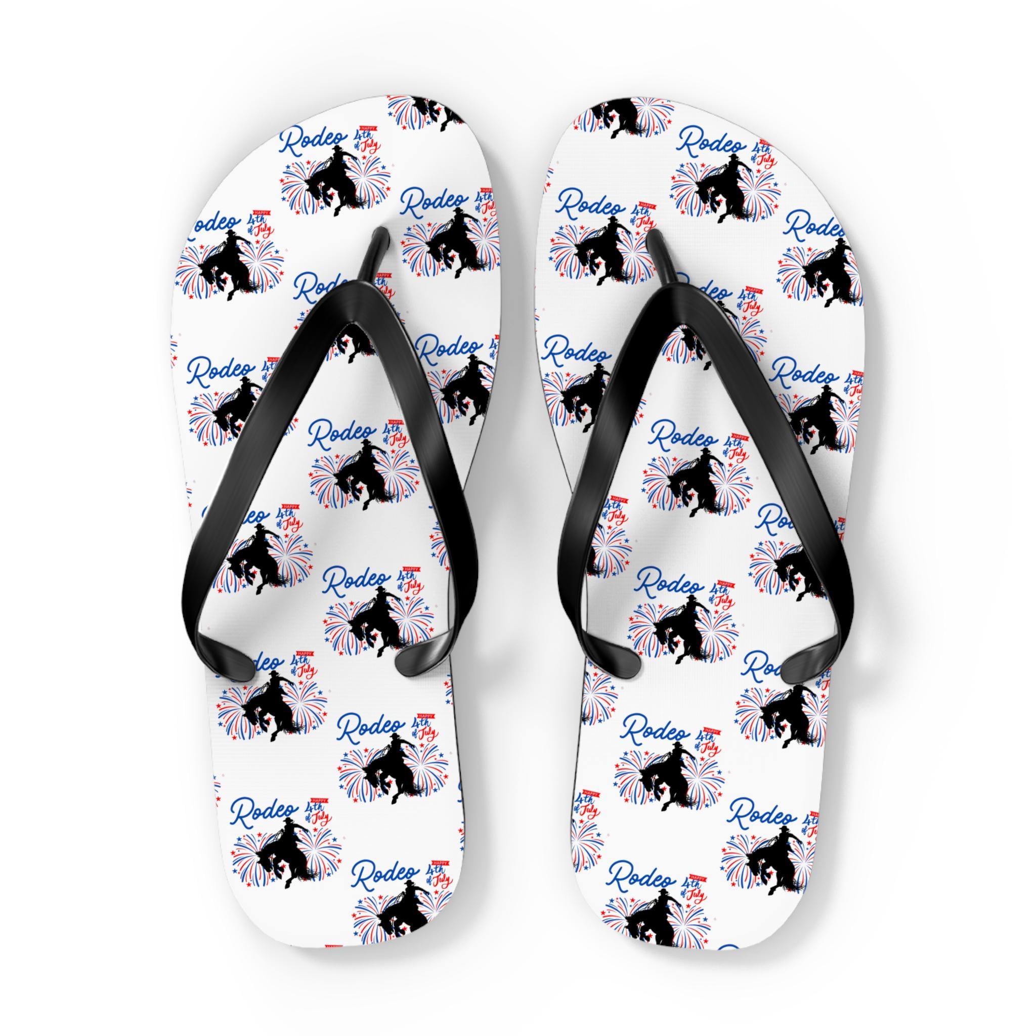 4th of July Flip Flops, Patriotic Sandals, Red White and Blue Bronc Rider Western Sandals for Men & Women -Razels
