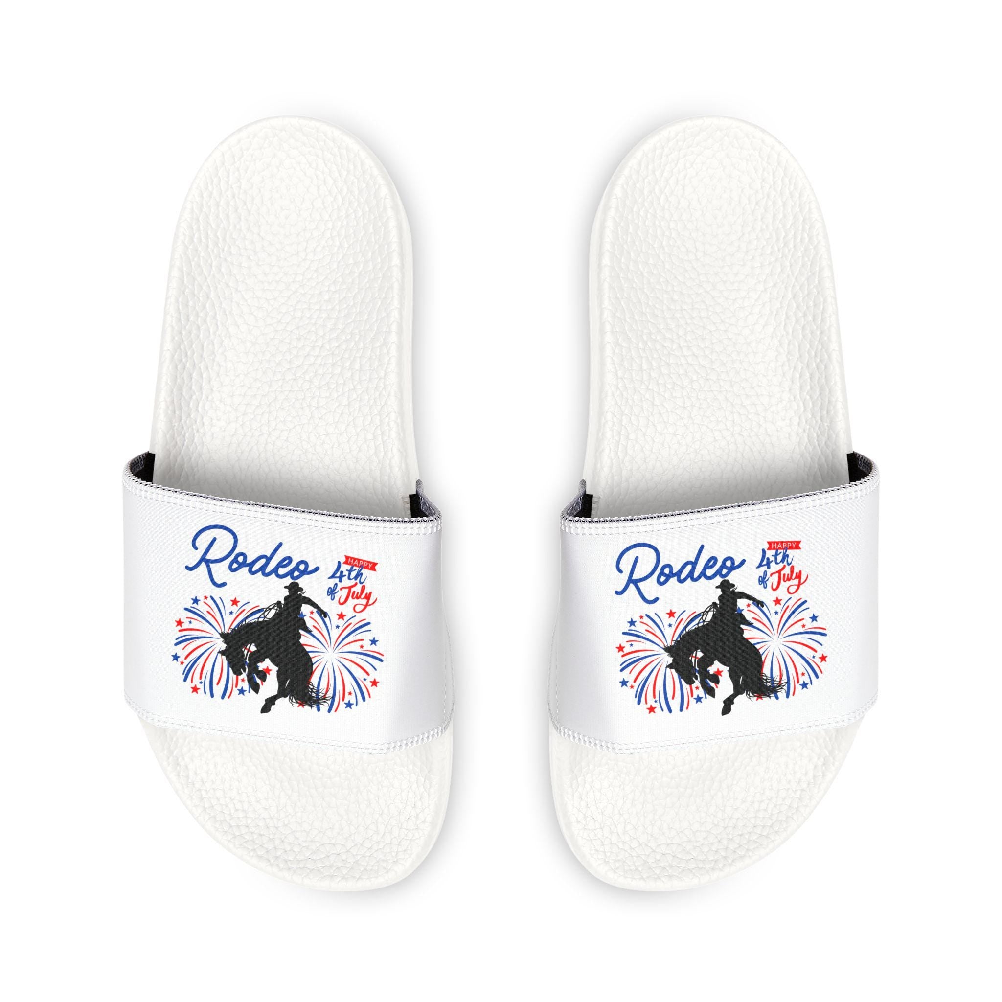 Kids 4th of July Slide Sandals, Red White Blue Summer Sandals, Rodeo Kid Sandals, Patriotic Bronc Rider Western Slides -Razels