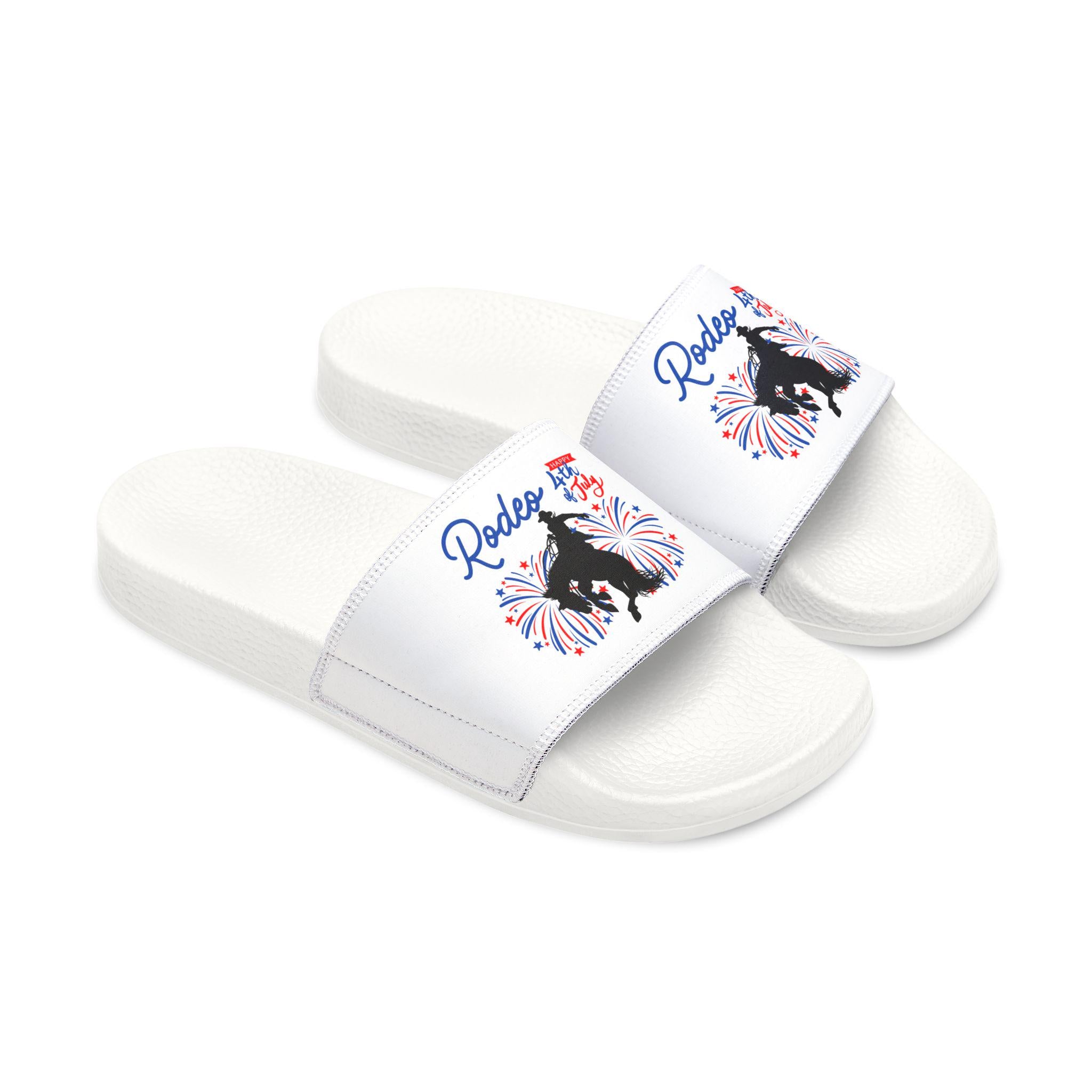 Kids 4th of July Slide Sandals, Red White Blue Summer Sandals, Rodeo Kid Sandals, Patriotic Bronc Rider Western Slides -Razels
